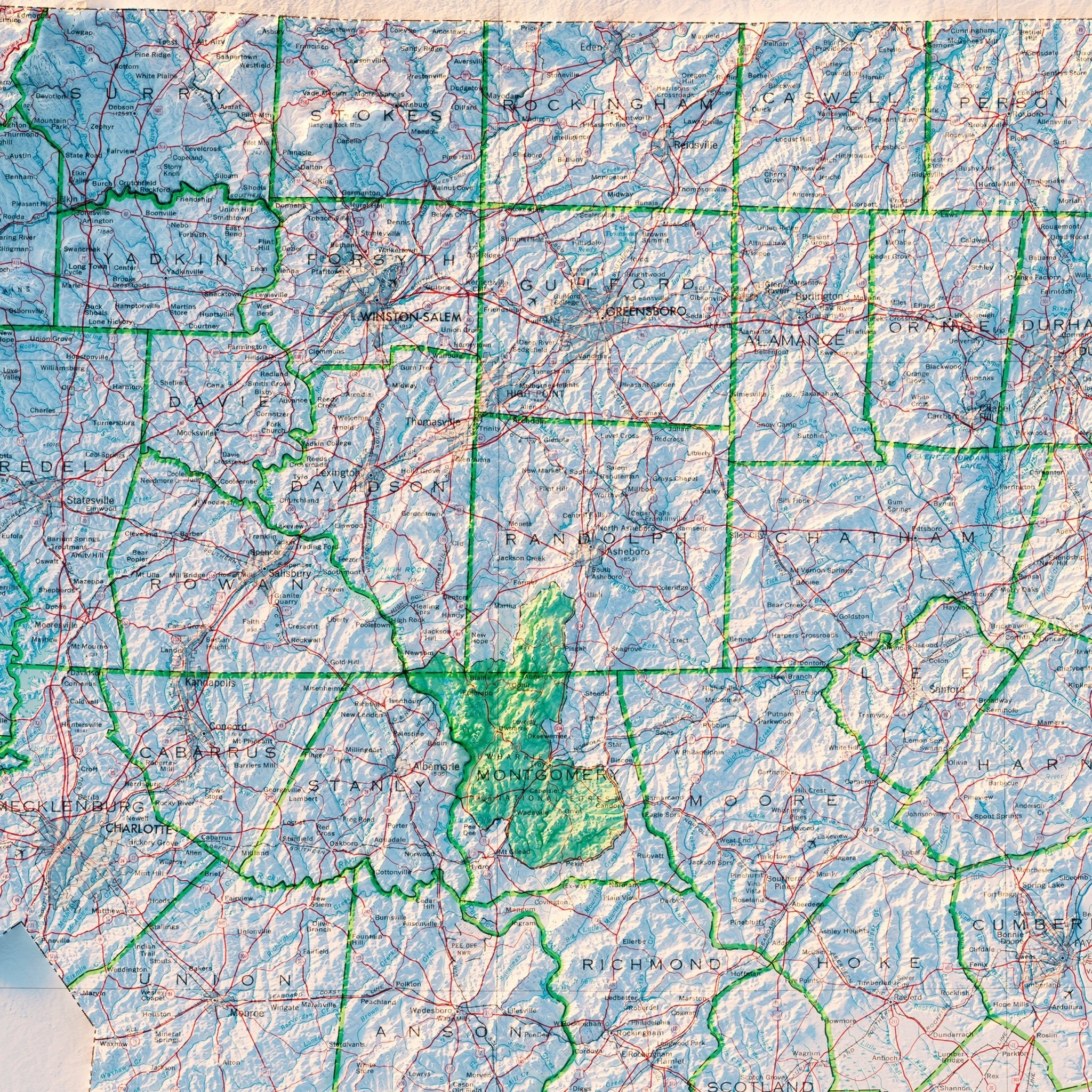 North Carolina 1972 Shaded Relief Map - Muir Way - Vintage Relief