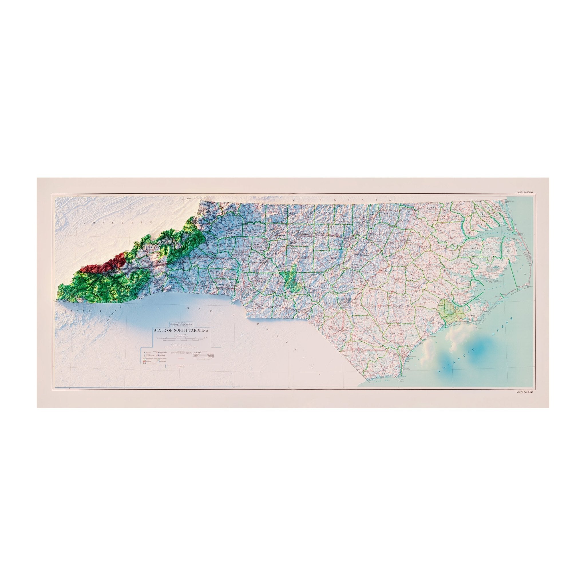 North Carolina 1972 Shaded Relief Map - Muir Way - Vintage Relief