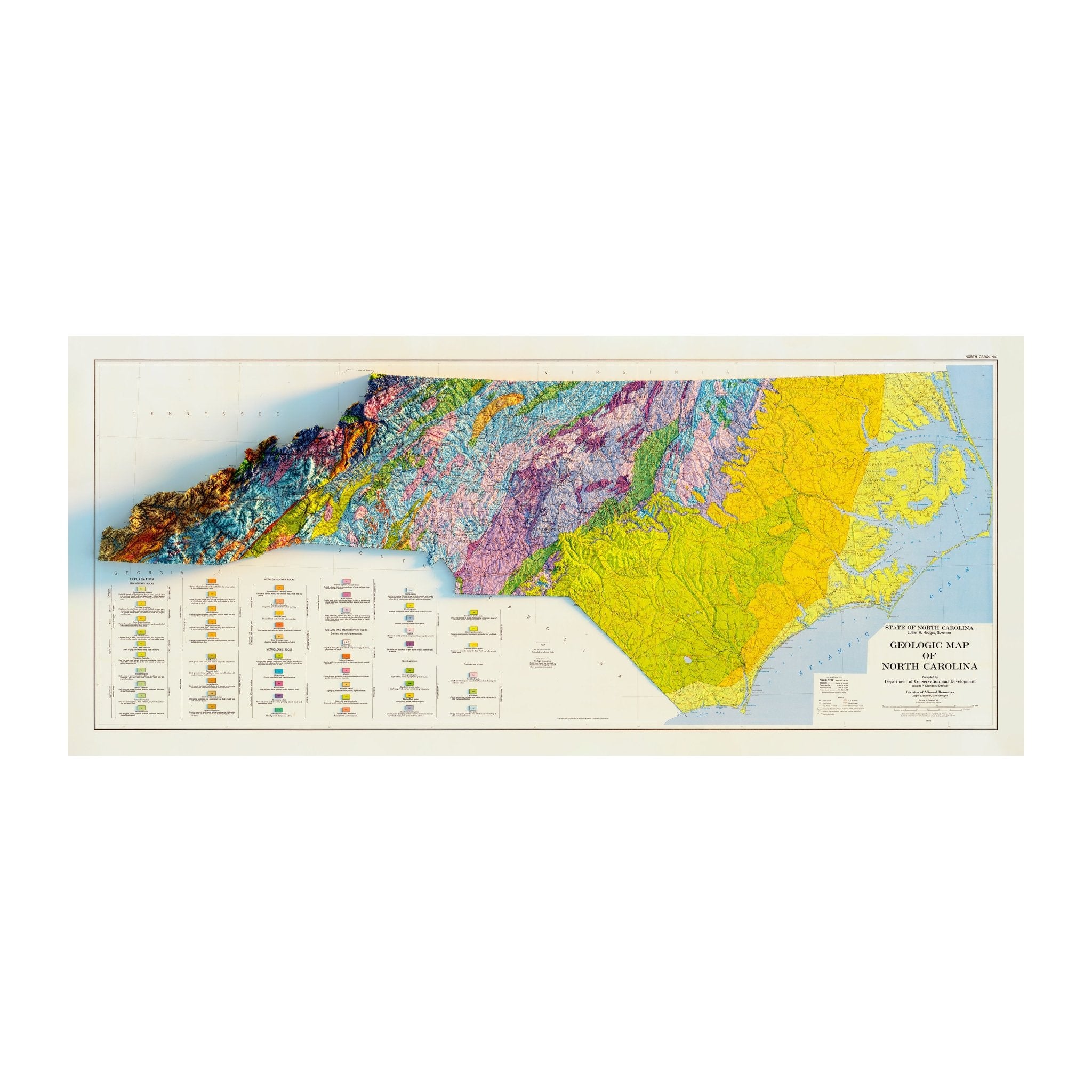 North Carolina 1958 Shaded Relief Map - Muir Way - Vintage Relief