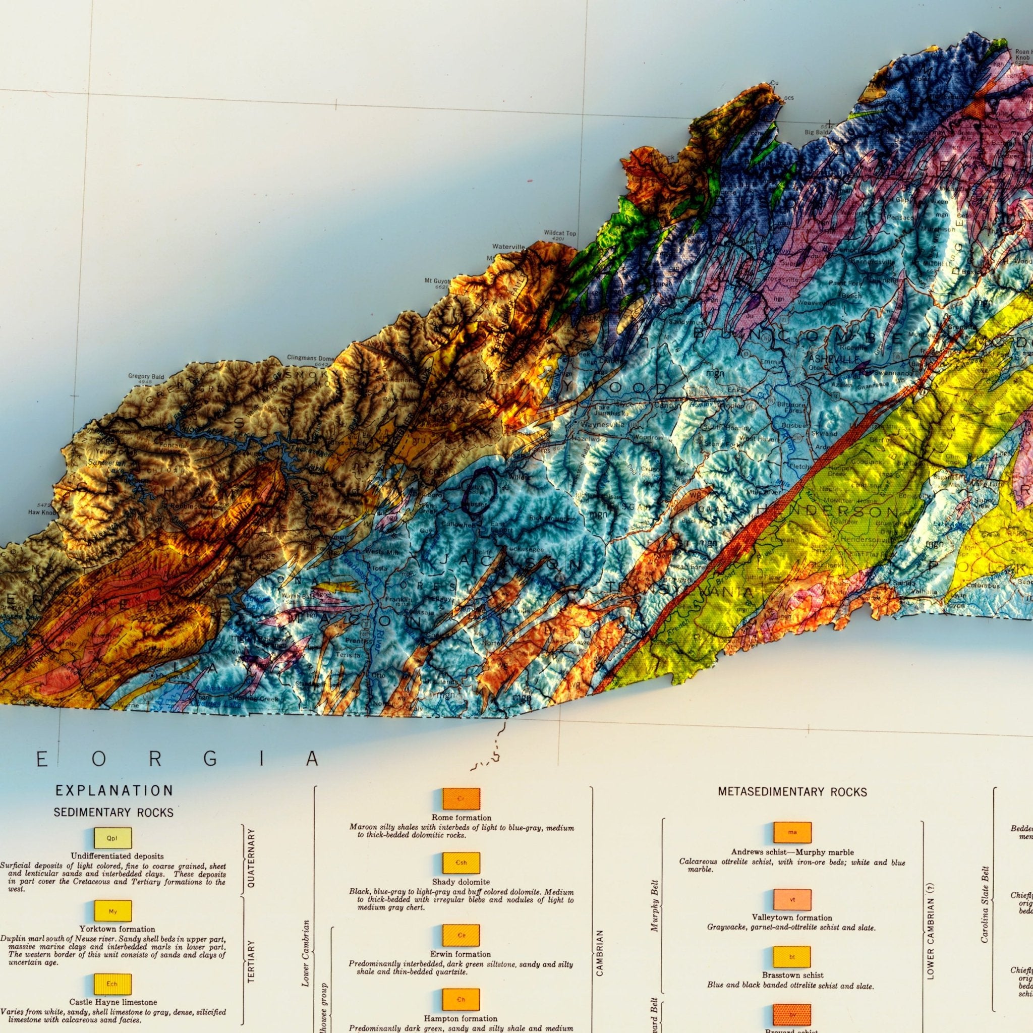 North Carolina 1958 Shaded Relief Map - Muir Way - Vintage Relief