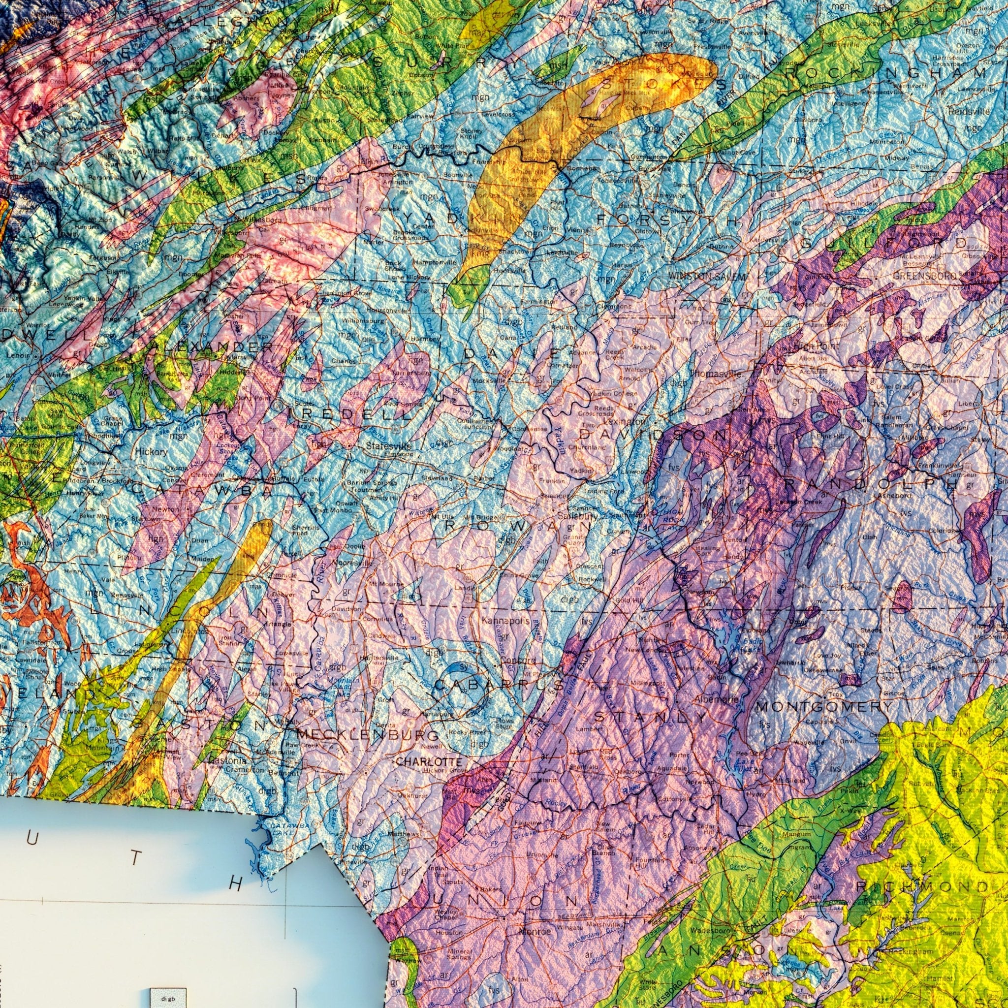 North Carolina 1958 Shaded Relief Map - Muir Way - Vintage Relief