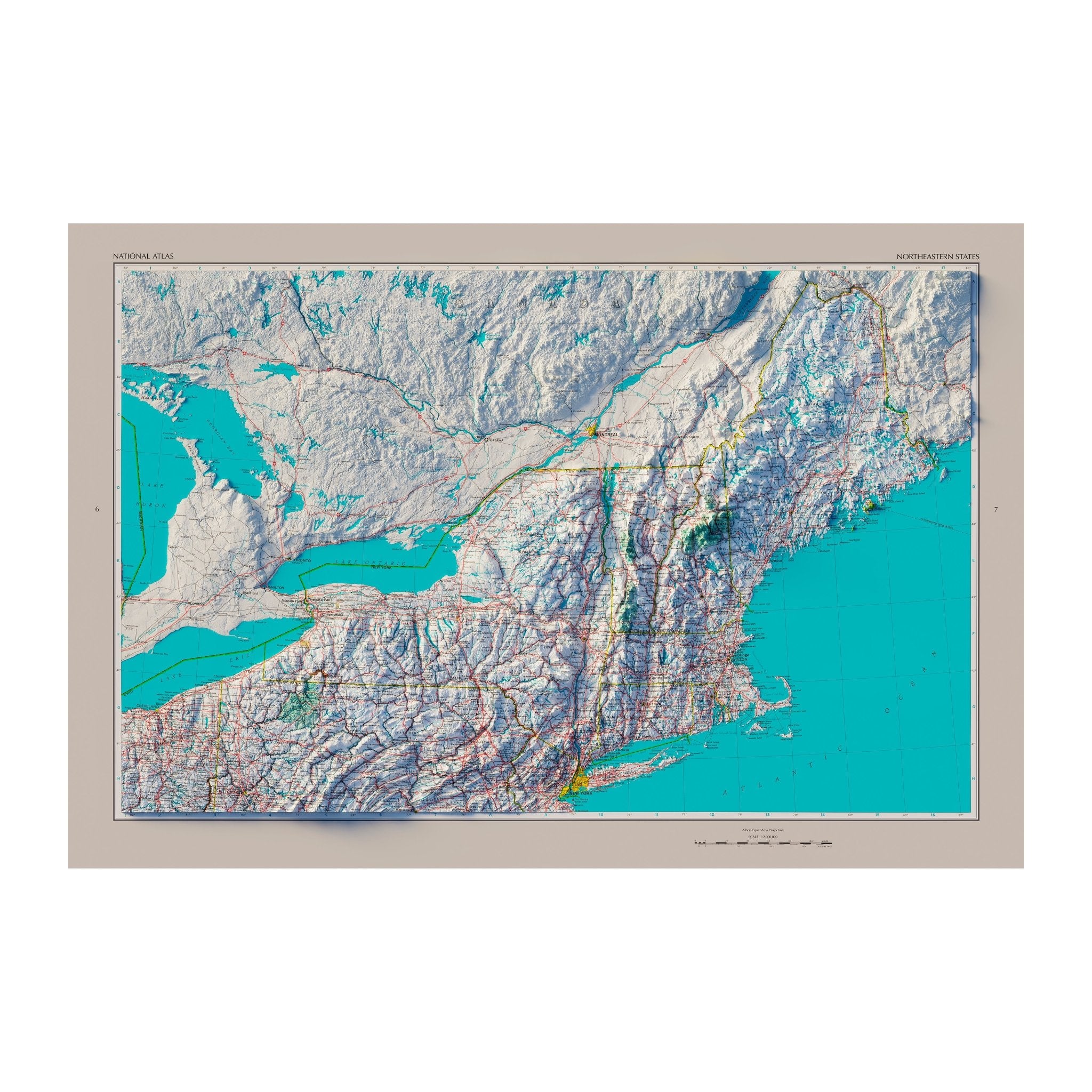Northeastern States 1970 Shaded Relief Map - Muir Way - Vintage Relief