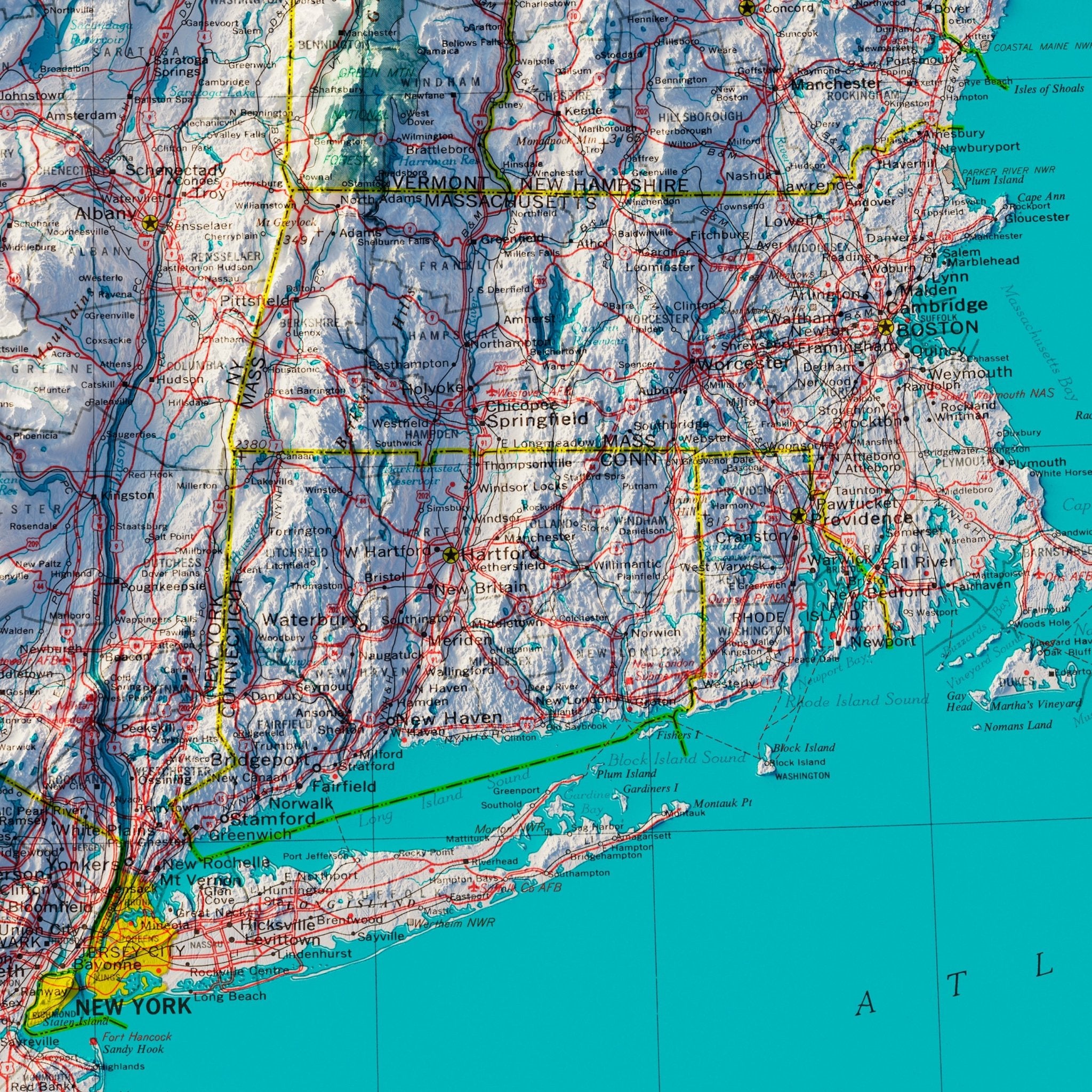 Northeastern States 1970 Shaded Relief Map - Muir Way - Vintage Relief