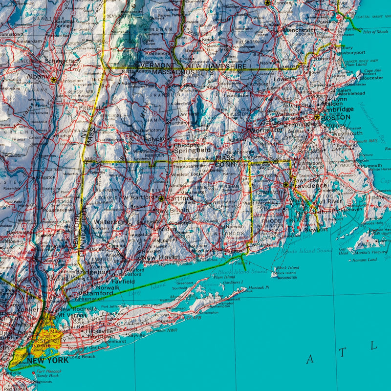 Northeastern States 1970 Shaded Relief Map - Muir Way - Vintage Relief