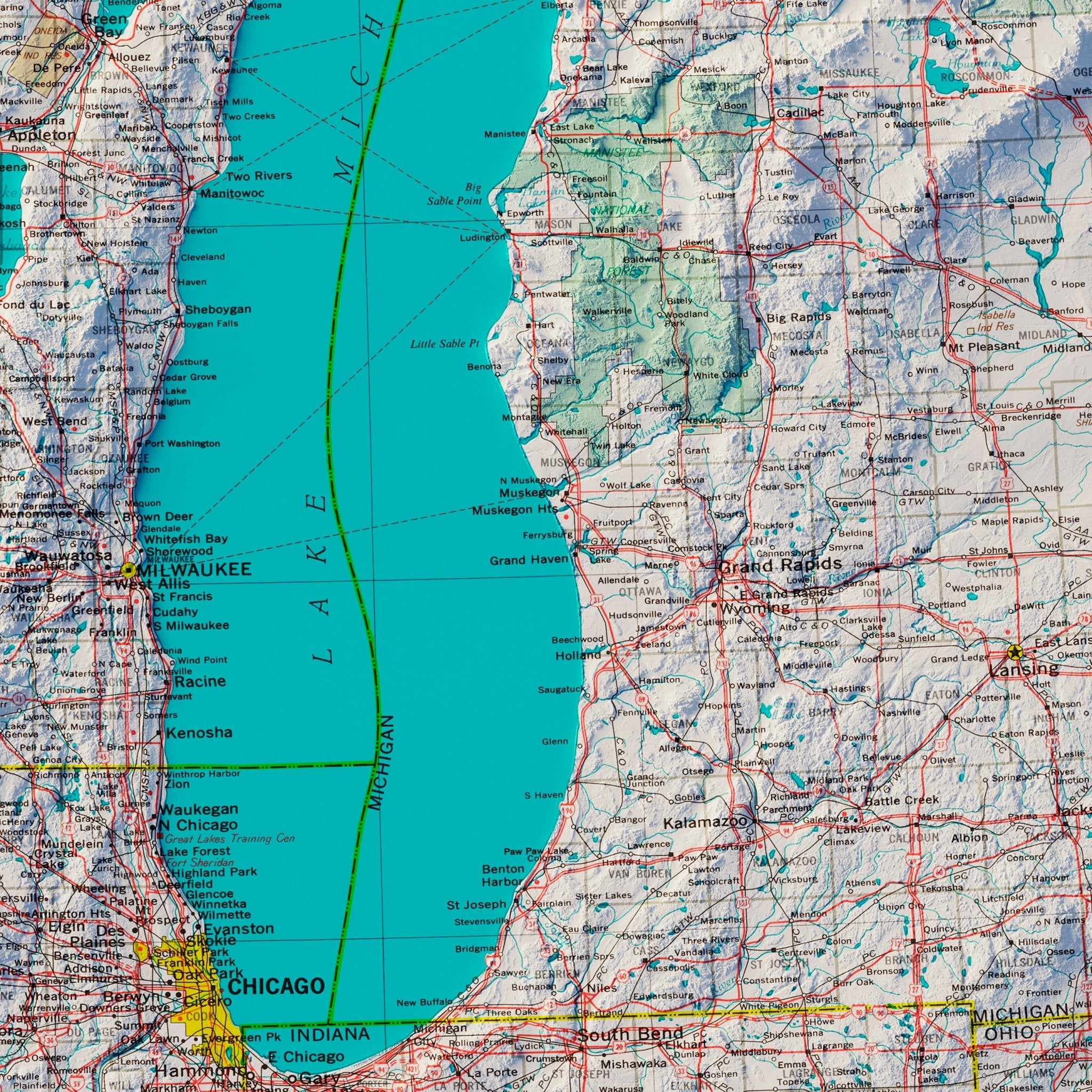 Northern Great Lakes States 1970 Shaded Relief Map - Muir Way - Vintage Relief