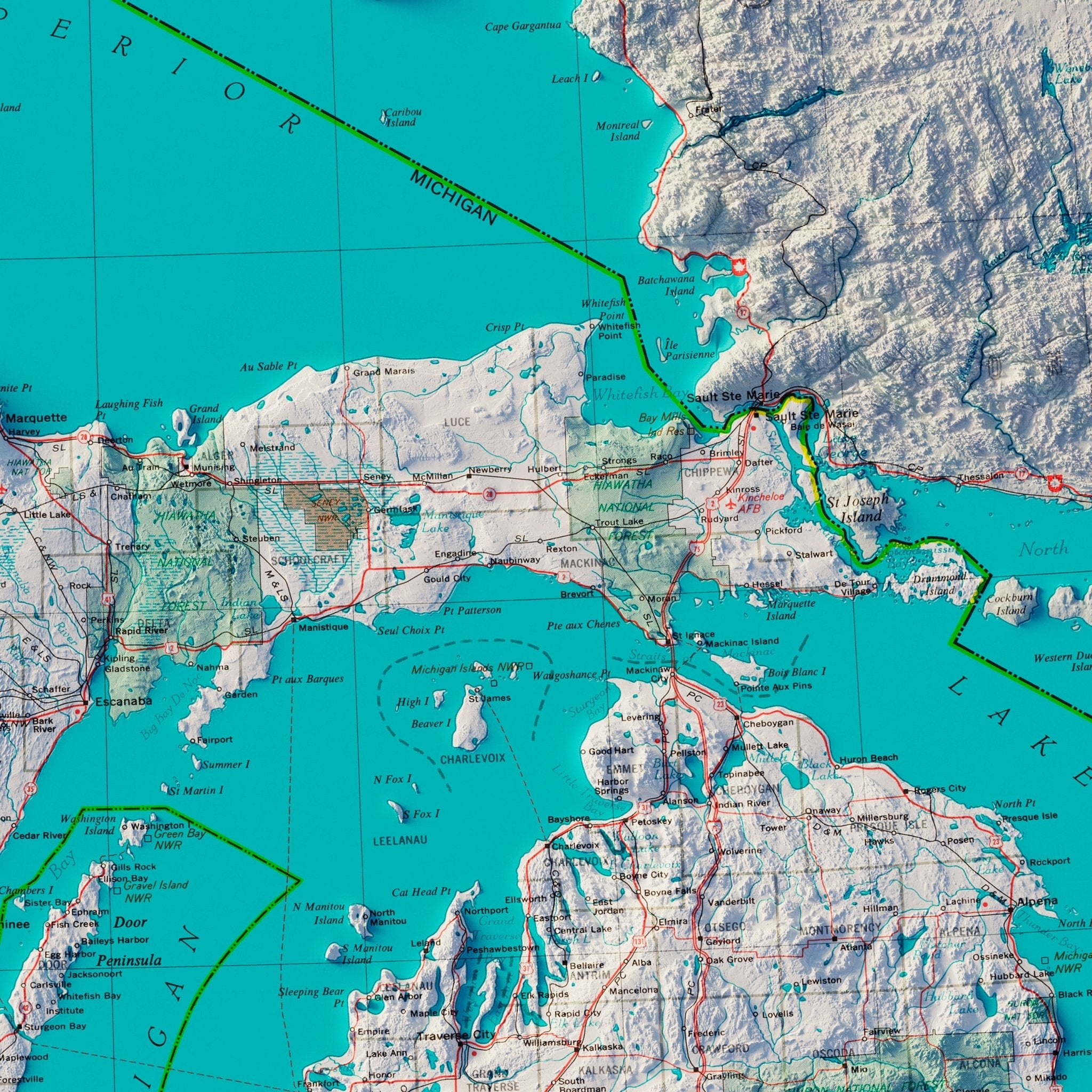 Northern Great Lakes States 1970 Shaded Relief Map - Muir Way - Vintage Relief