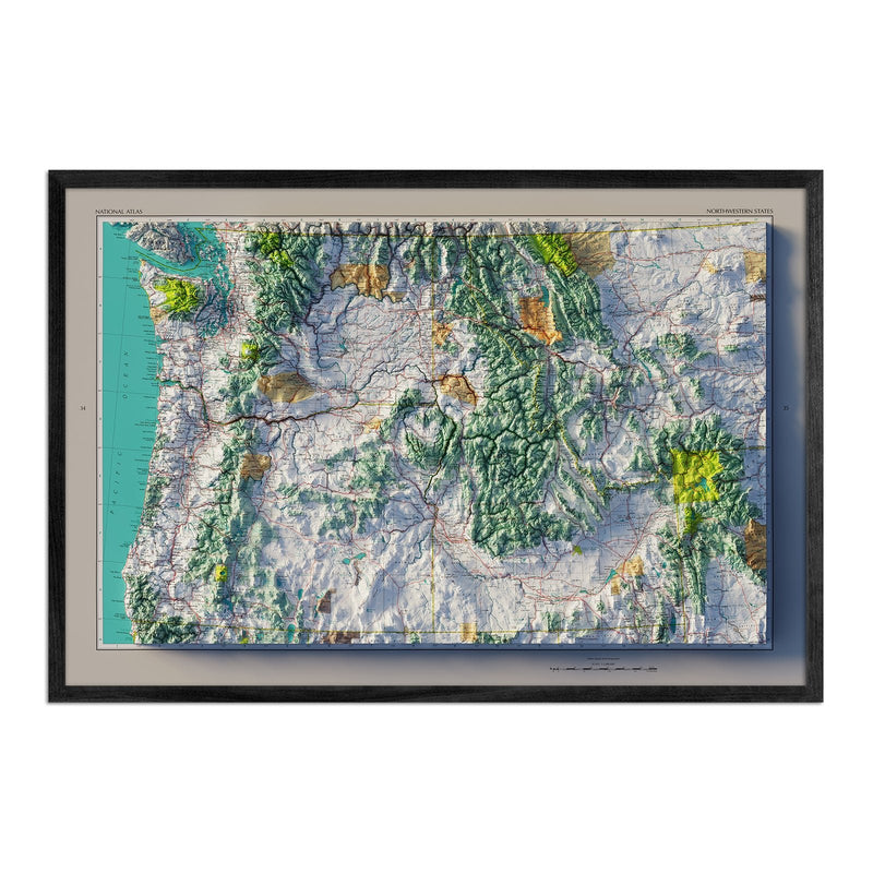 Northwestern States 1970 Shaded Relief Map - Muir Way - Vintage Relief