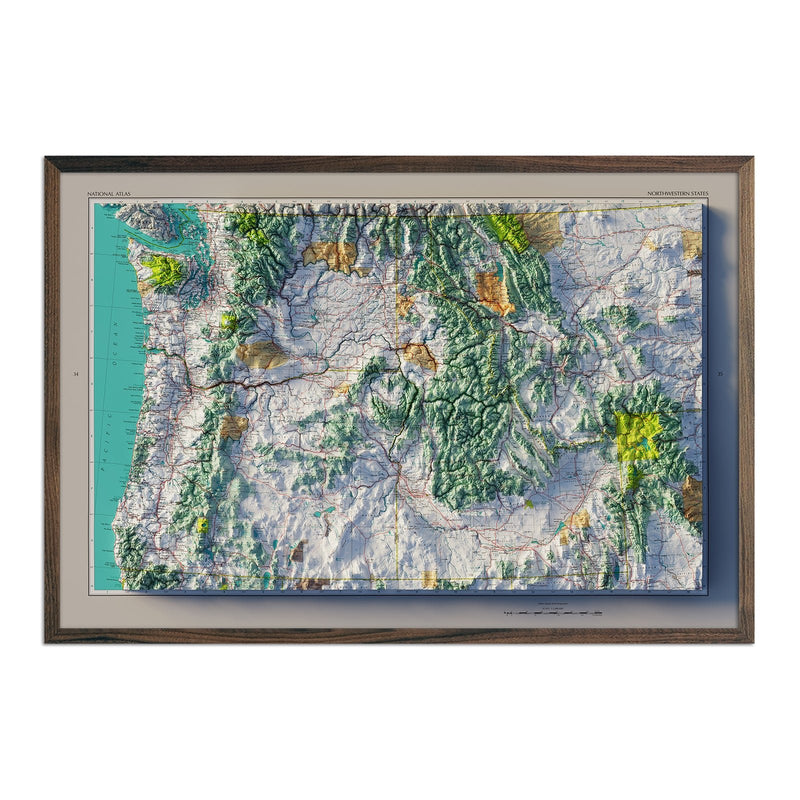 Northwestern States 1970 Shaded Relief Map - Muir Way - Vintage Relief