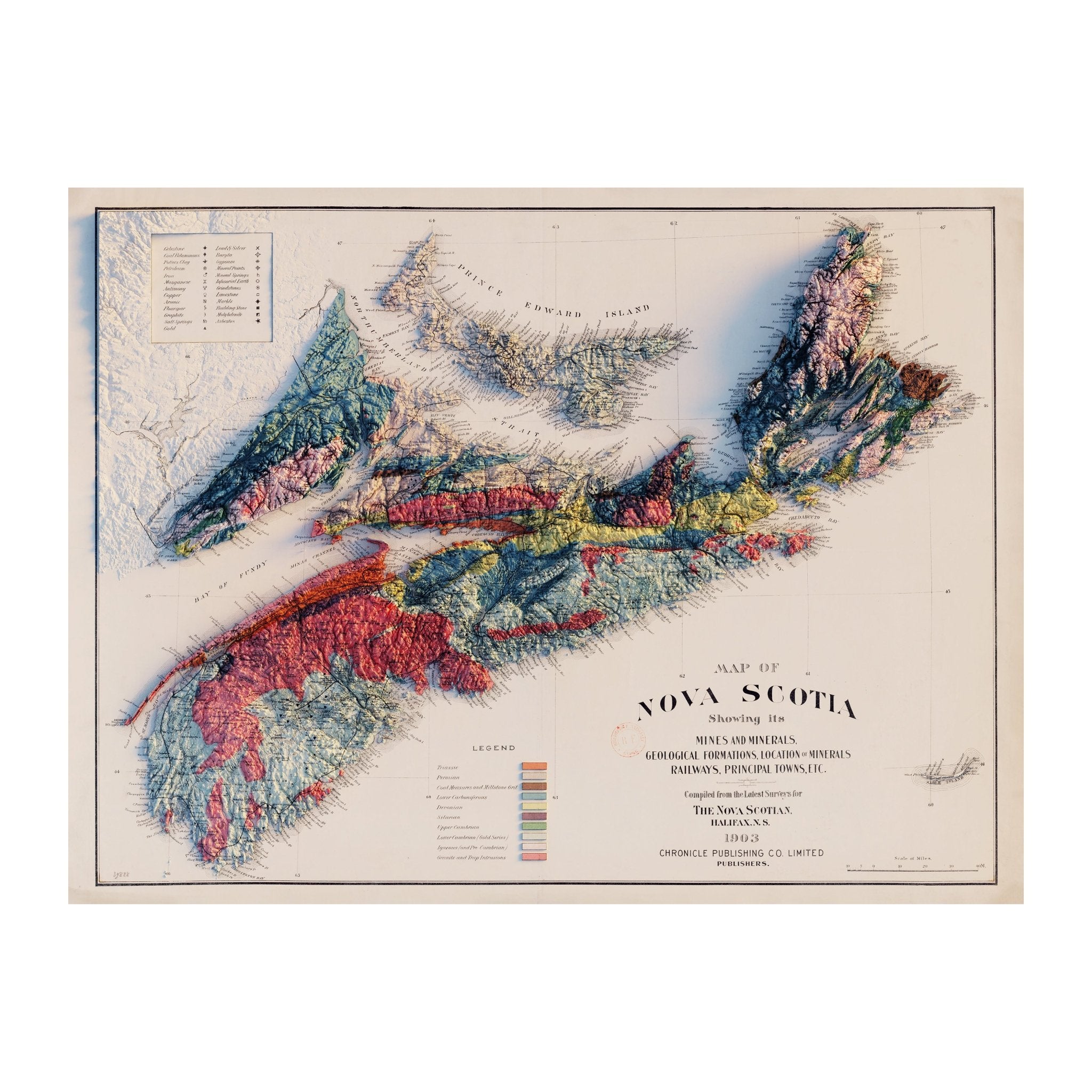 Nova Scotia 1903 Shaded Relief Map - Muir Way - Vintage Relief