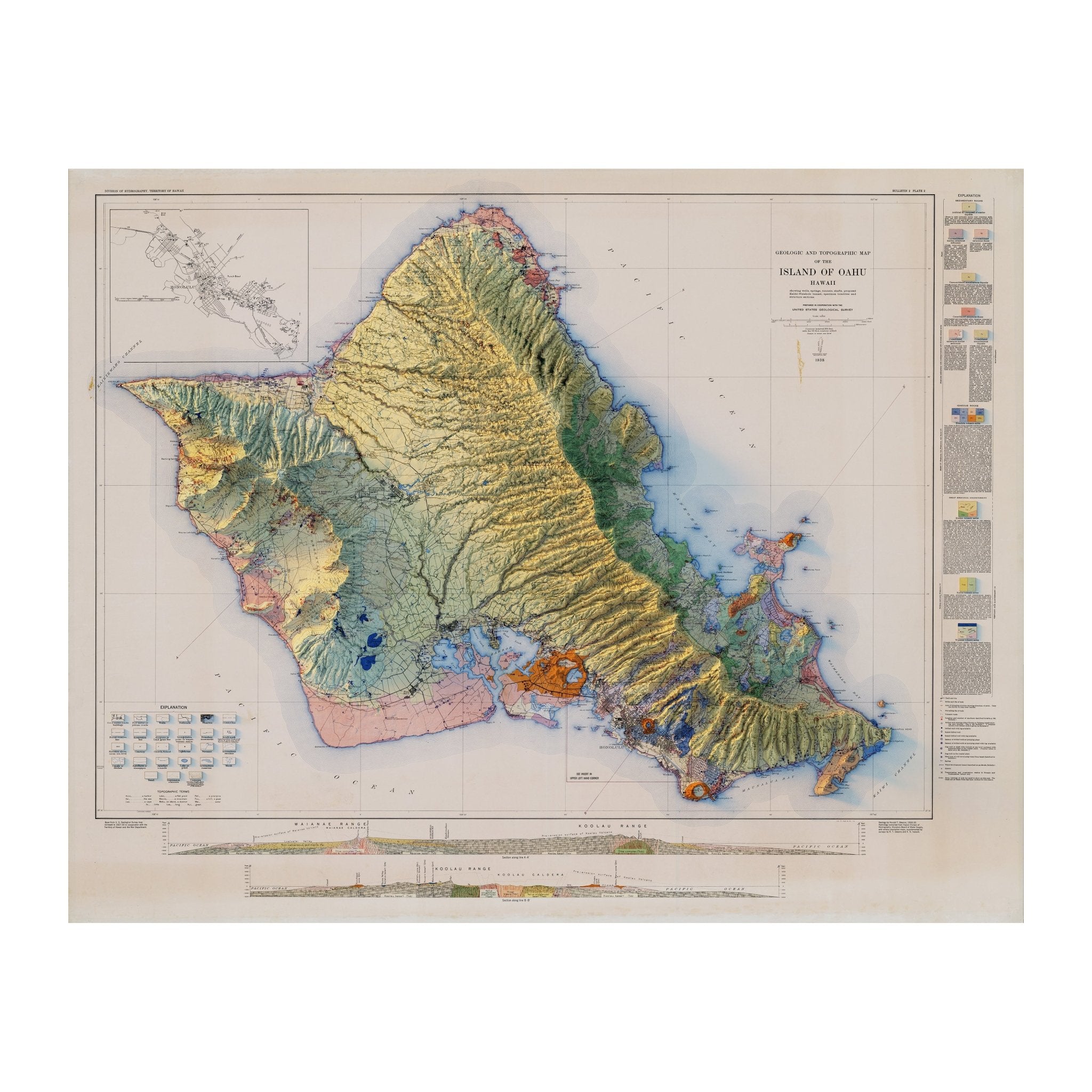 Oahu 1938 Shaded Relief Map - Muir Way - Vintage Relief