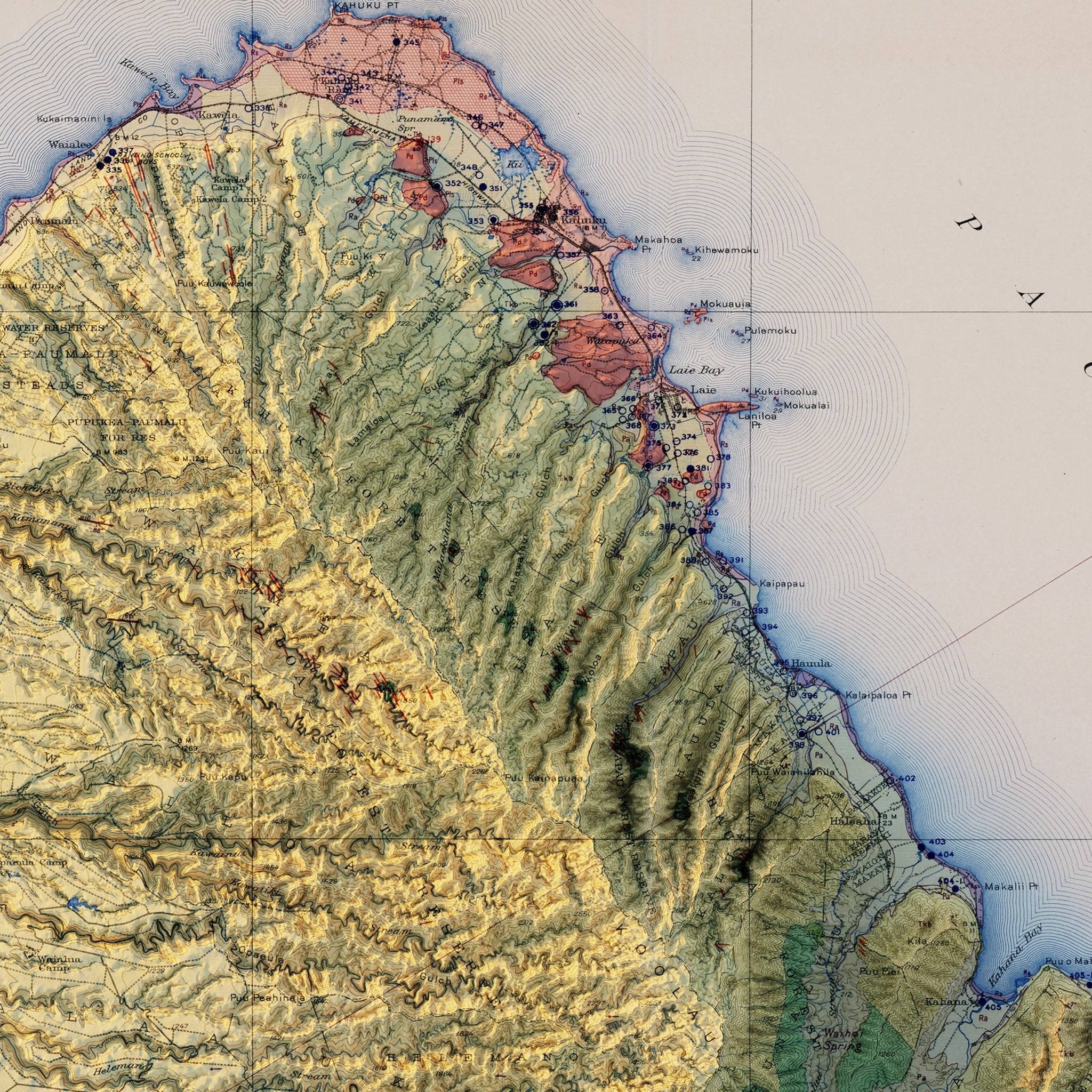 Oahu 1938 Shaded Relief Map - Muir Way - Vintage Relief