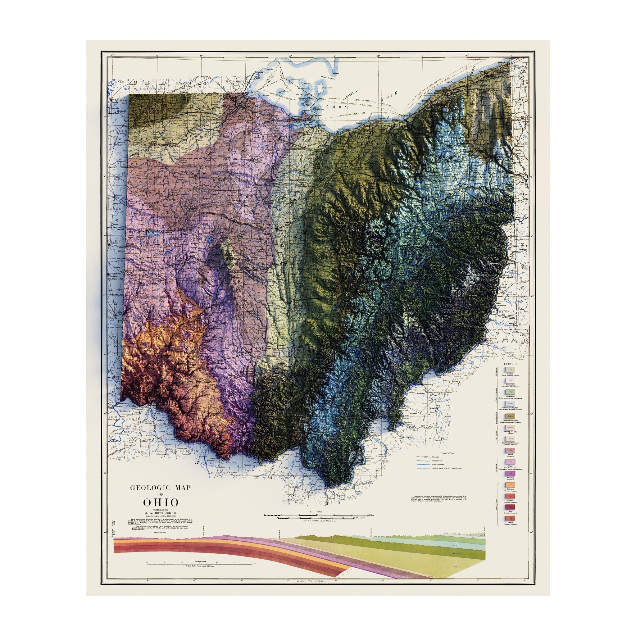 Ohio 1920 Shaded Relief Map - Muir Way - Vintage Relief