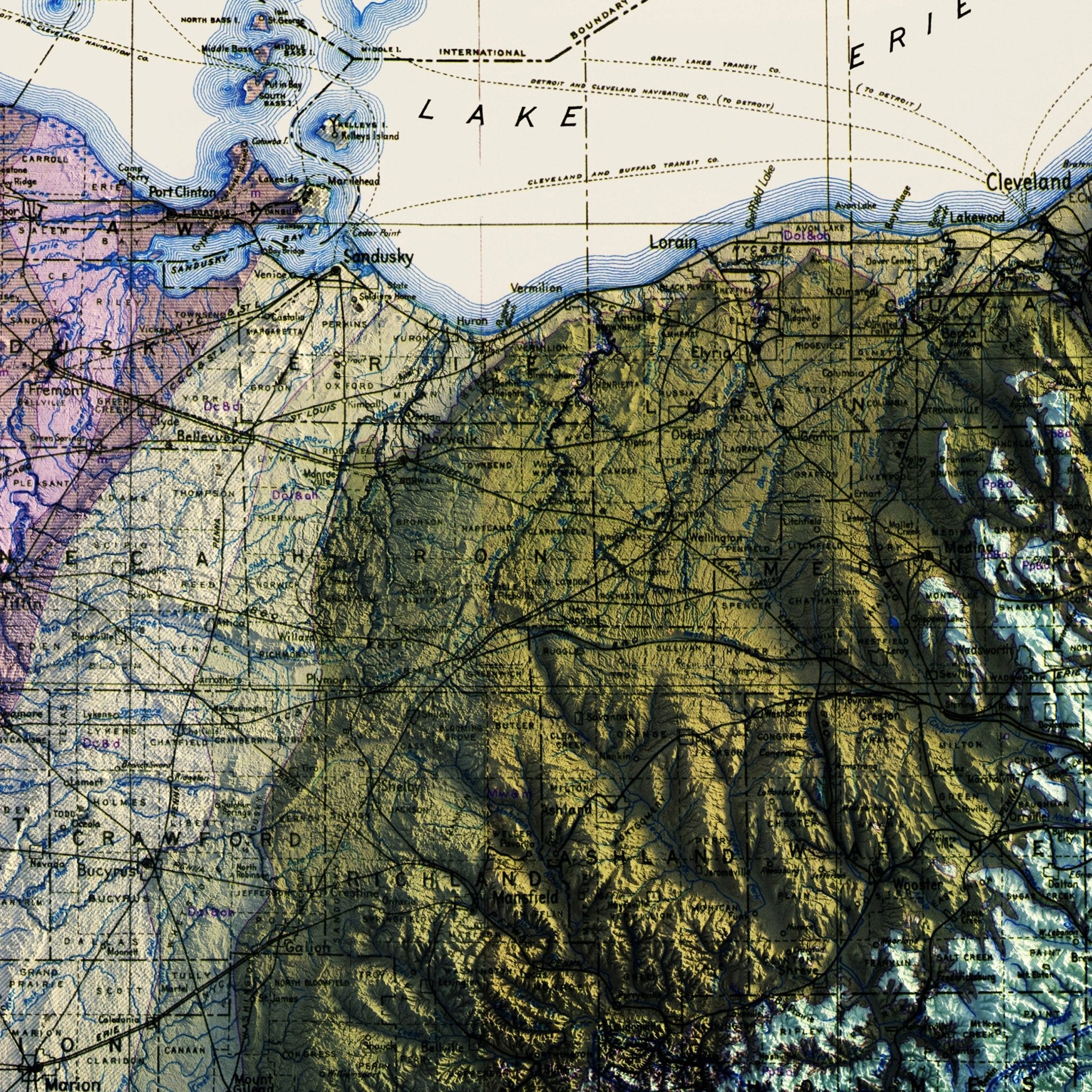 Ohio 1920 Shaded Relief Map - Muir Way - Vintage Relief