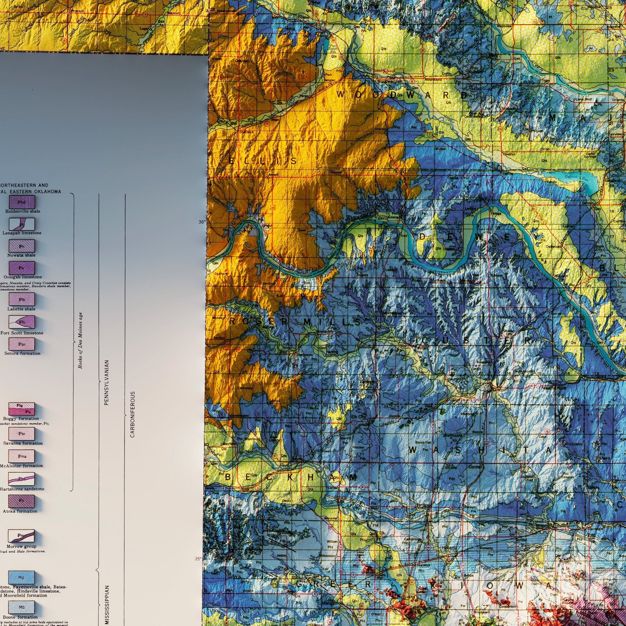 Oklahoma 1954 Shaded Relief Map - Muir Way - Vintage Relief