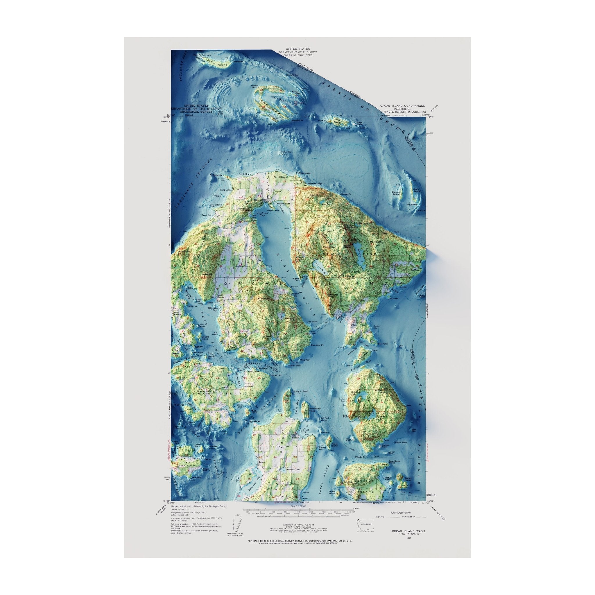 Orcas Island, WA 1957 Shaded Relief Map - Muir Way - Vintage Relief