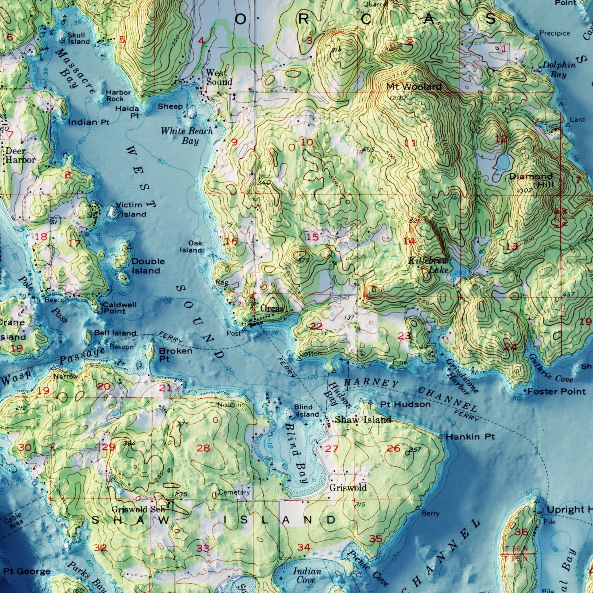 Orcas Island, WA 1957 Shaded Relief Map - Muir Way - Vintage Relief