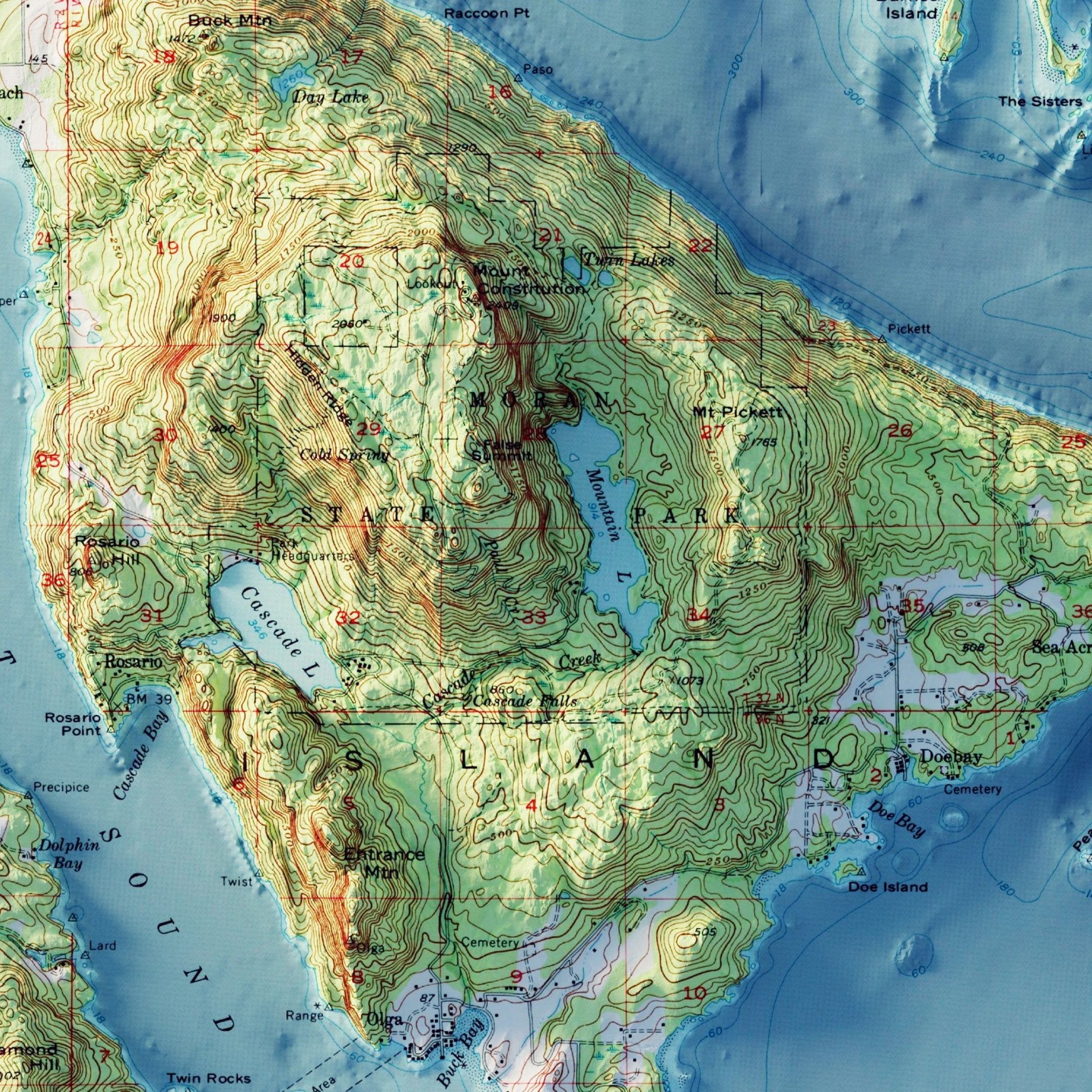 Orcas Island, WA 1957 Shaded Relief Map - Muir Way - Vintage Relief