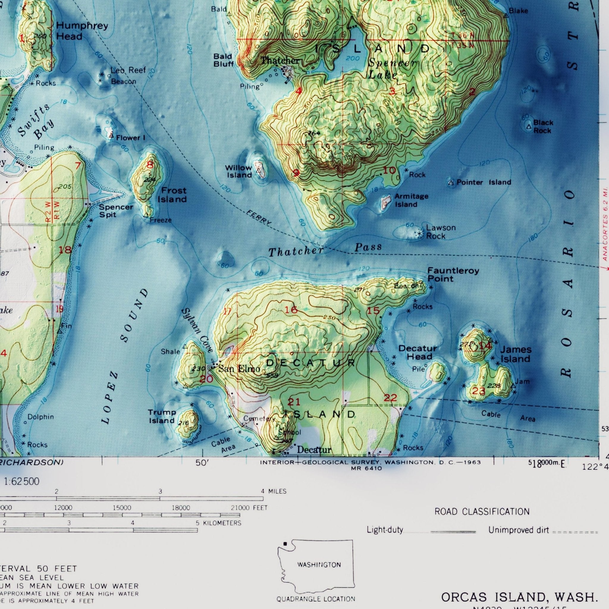Orcas Island, WA 1957 Shaded Relief Map - Muir Way - Vintage Relief
