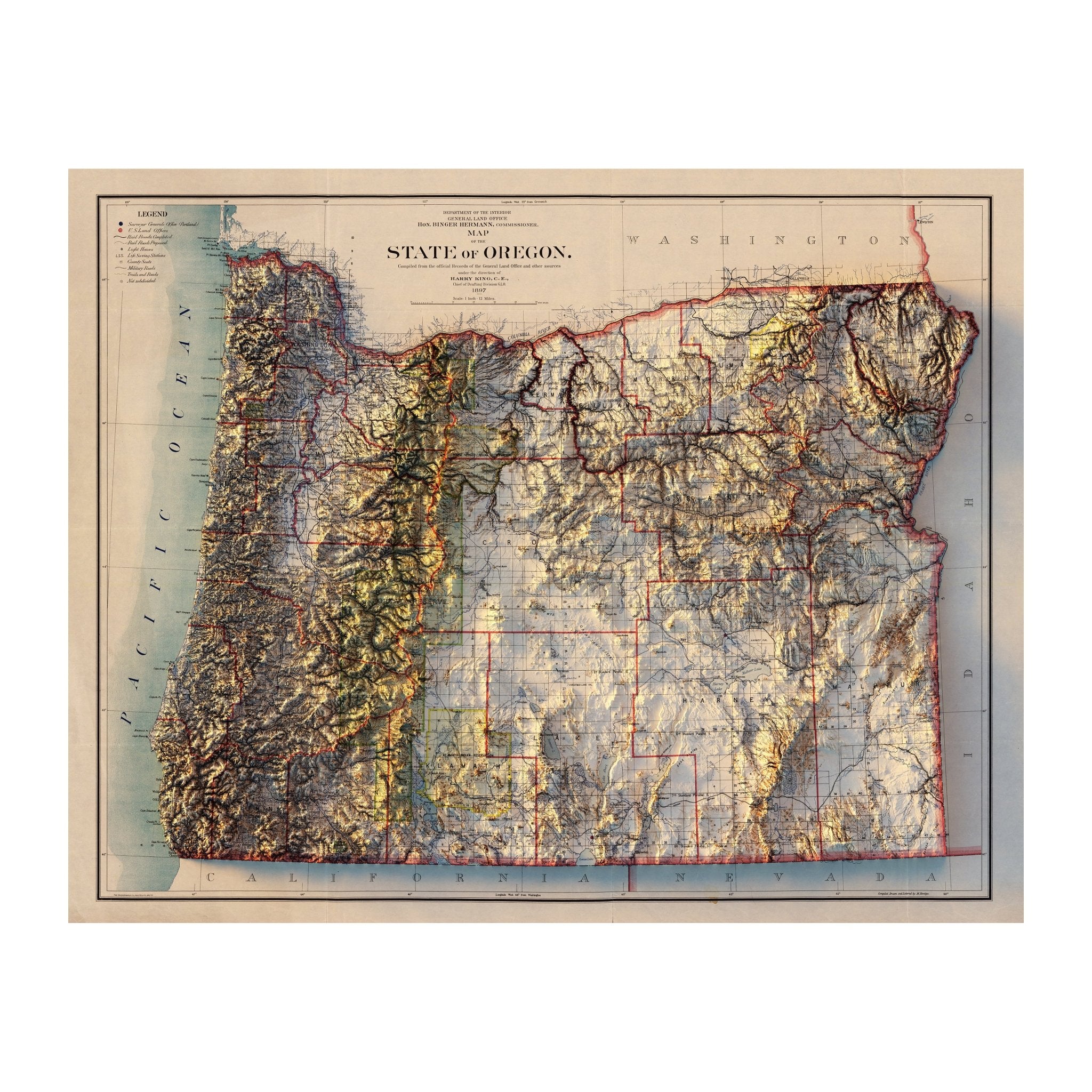 Oregon 1897 Shaded Relief Map - Muir Way - Vintage Relief
