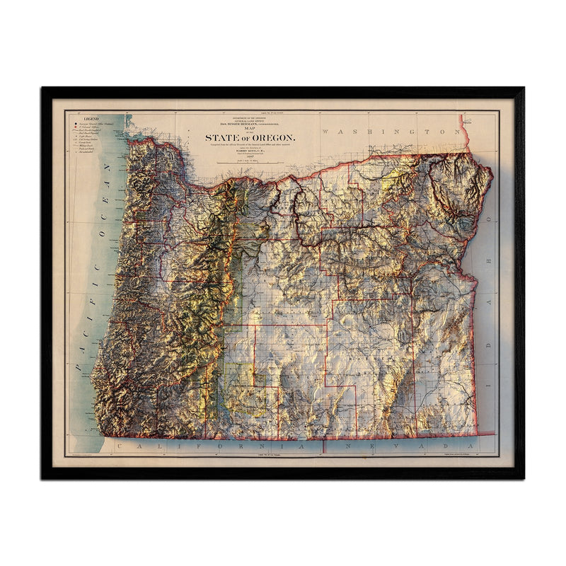 Oregon 1897 Shaded Relief Map - Muir Way - Vintage Relief