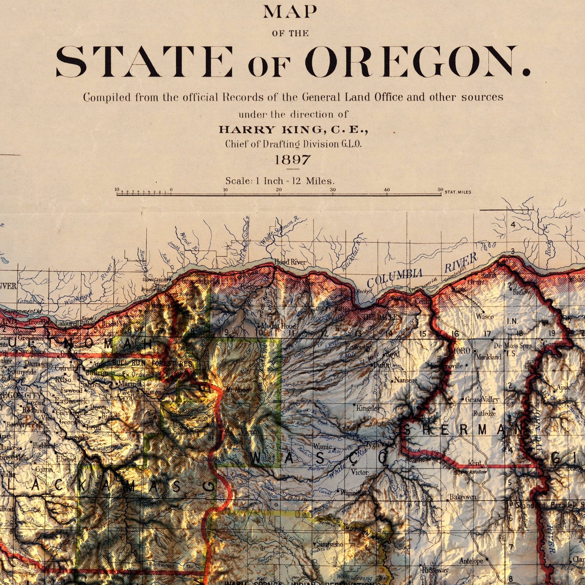 Oregon 1897 Shaded Relief Map - Muir Way - Vintage Relief