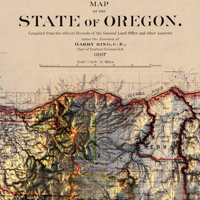 Oregon 1897 Shaded Relief Map - Muir Way - Vintage Relief