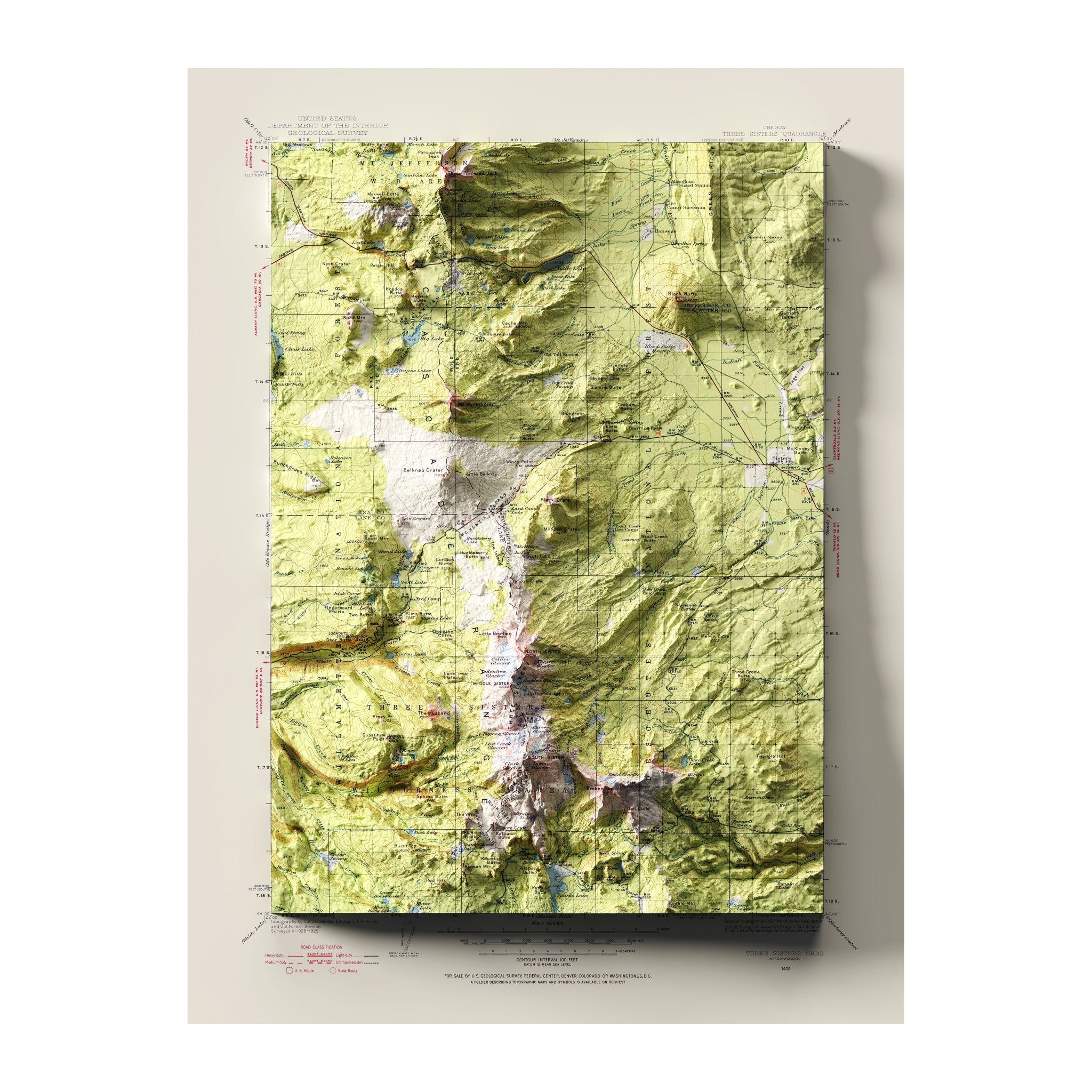 Oregon, Three Sisters 1929 Shaded Relief Map - Muir Way - Vintage Relief