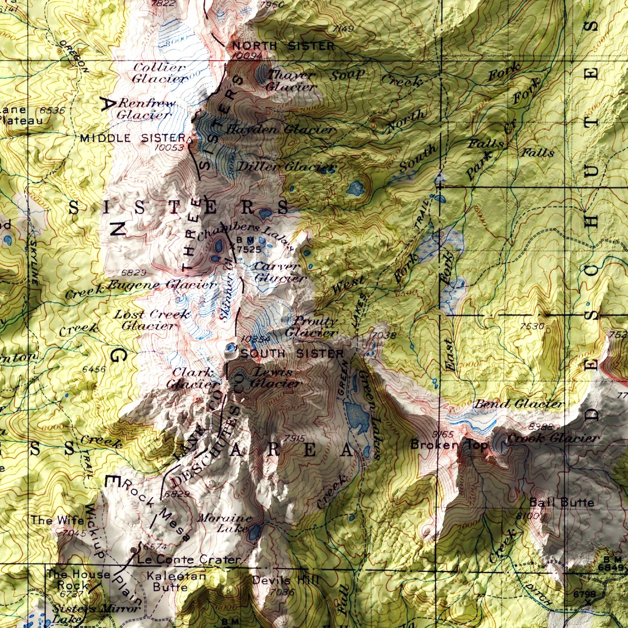 Oregon, Three Sisters 1929 Shaded Relief Map - Muir Way - Vintage Relief
