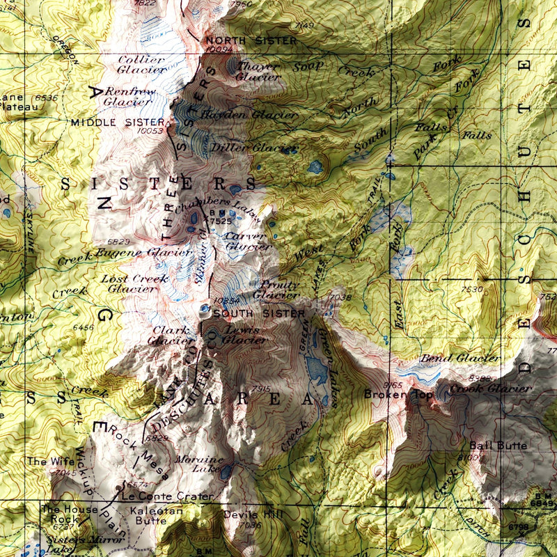 Oregon, Three Sisters 1929 Shaded Relief Map - Muir Way - Vintage Relief
