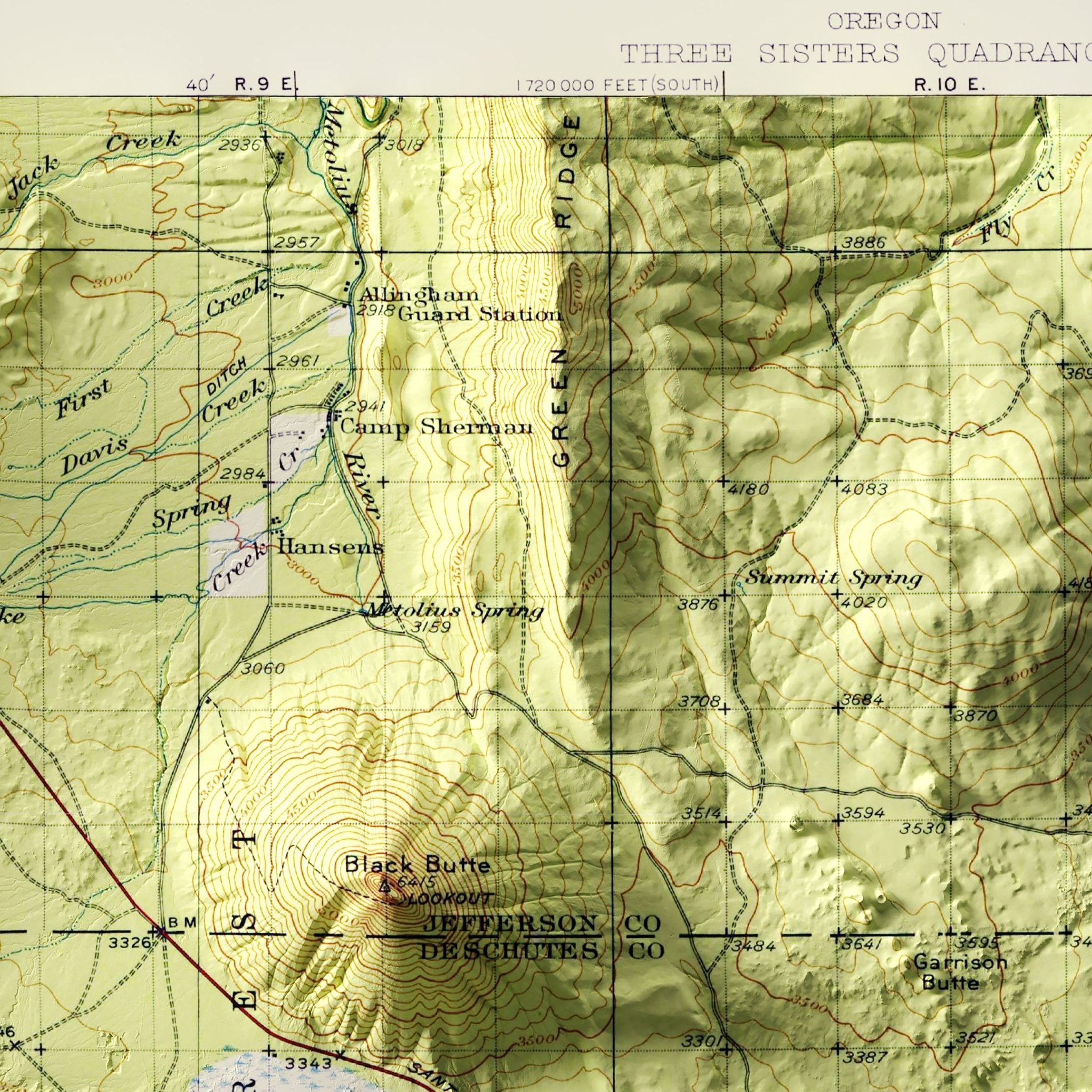 Oregon, Three Sisters 1929 Shaded Relief Map - Muir Way - Vintage Relief