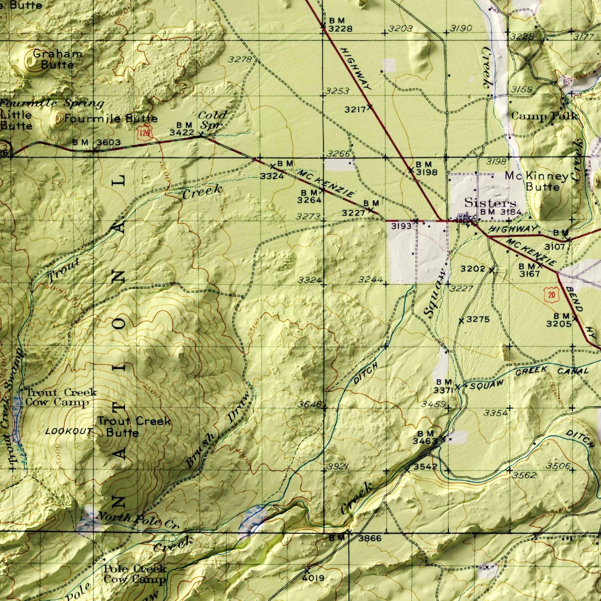 Oregon, Three Sisters 1929 Shaded Relief Map – Muir Way