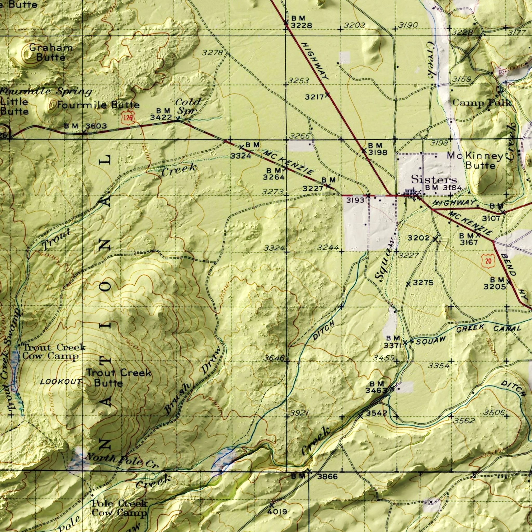 Oregon, Three Sisters 1929 Shaded Relief Map - Muir Way - Vintage Relief