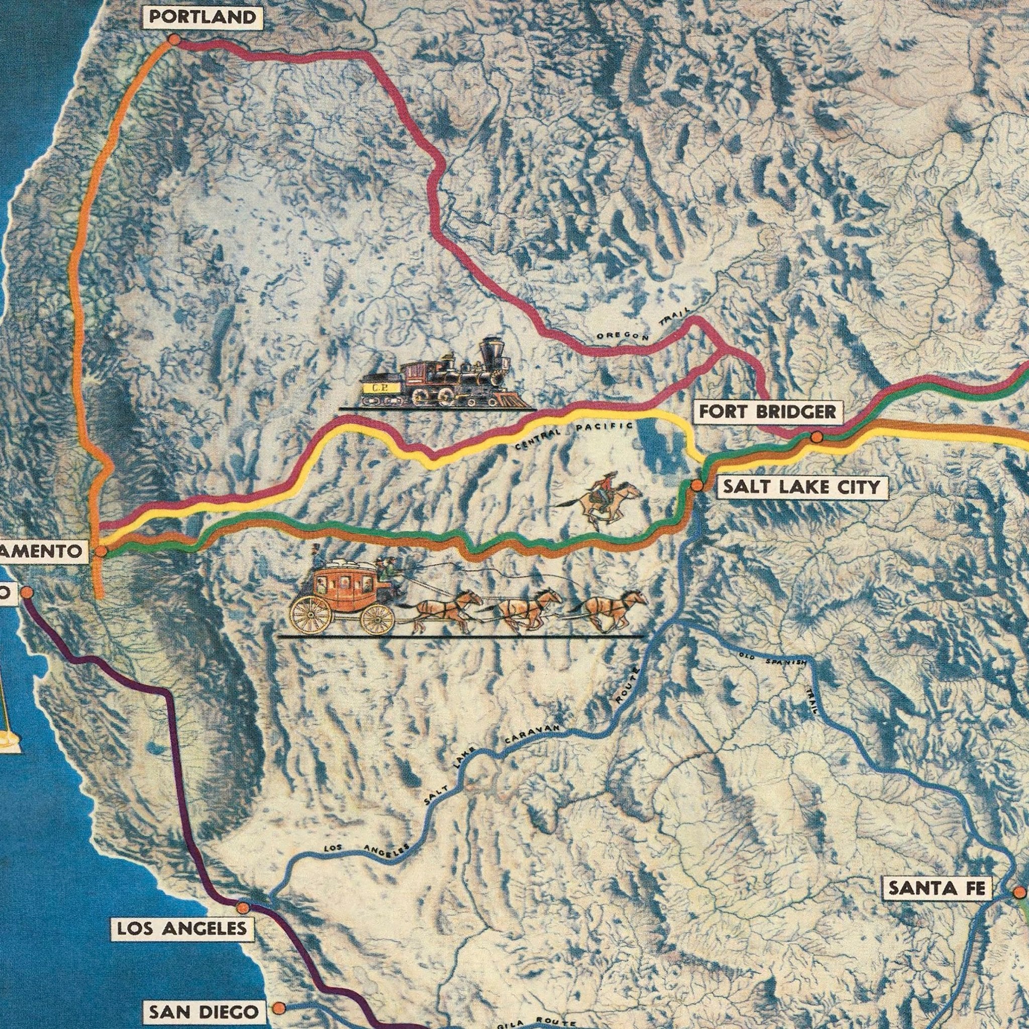 Overland Routes of the Pioneer West - Muir Way - Vintage Map