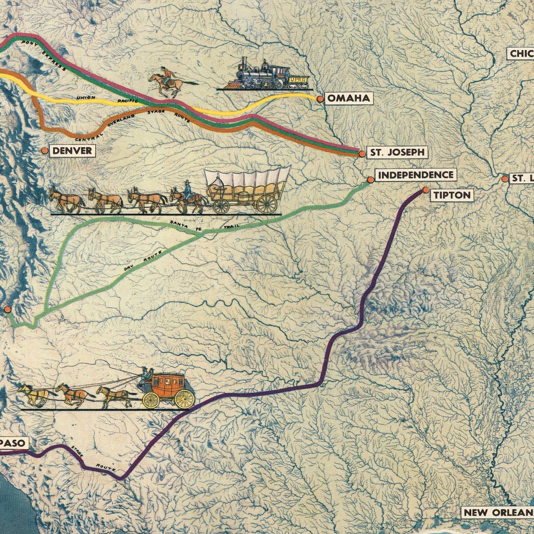 Overland Routes of the Pioneer West - Muir Way - Vintage Map