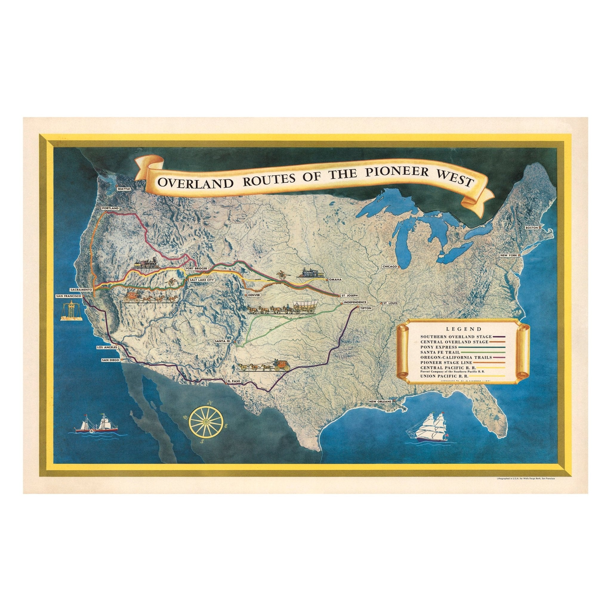 Overland Routes of the Pioneer West - Muir Way - Vintage Map