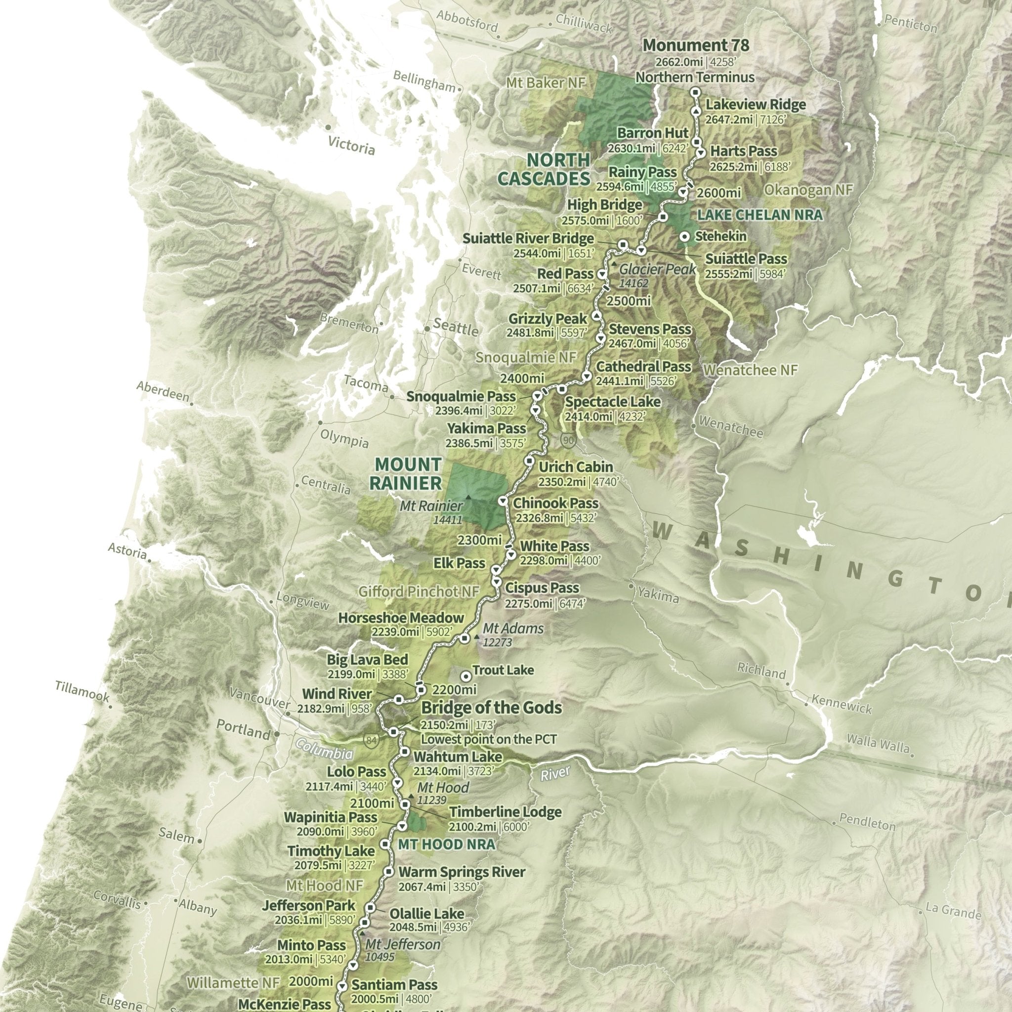 Pacific Crest Trail Shaded Relief Map - Muir Way - Natural Atlas