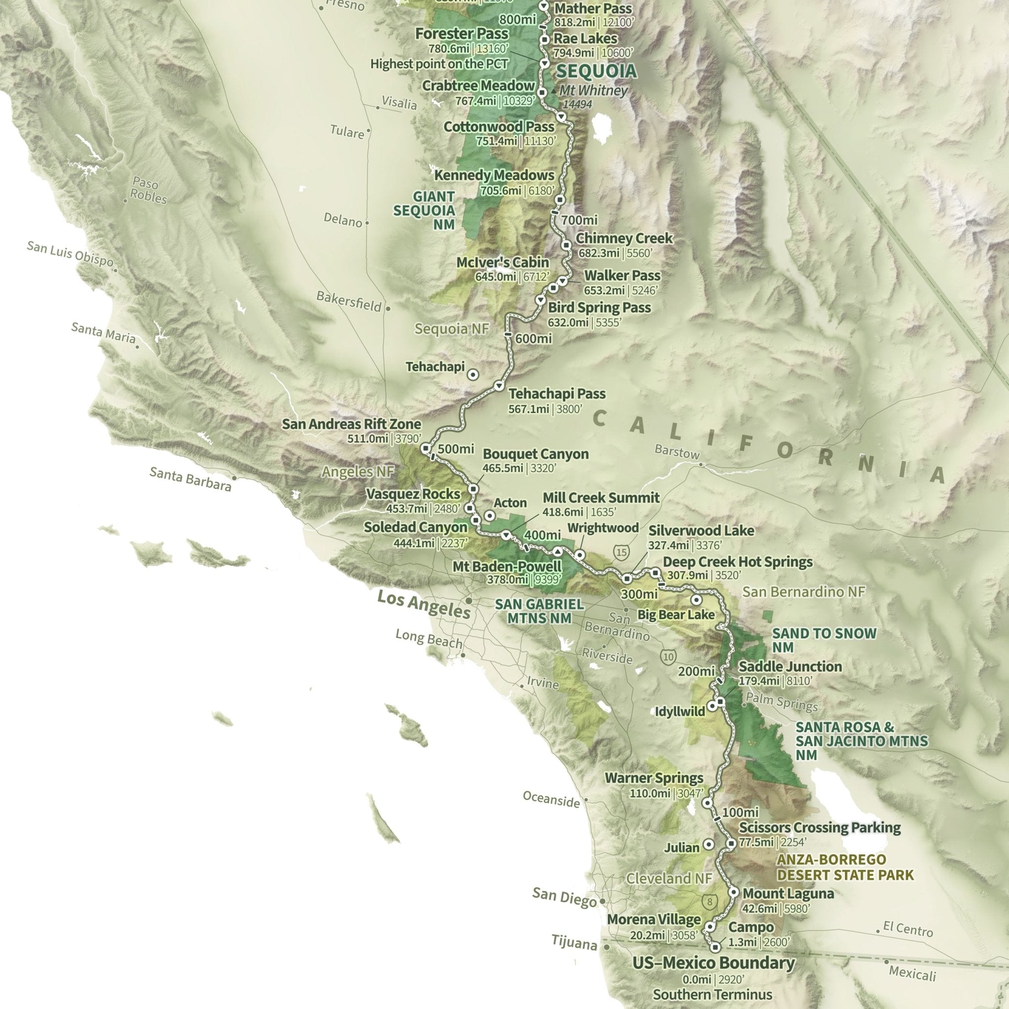 Pacific Crest Trail Shaded Relief Map - Muir Way - Natural Atlas