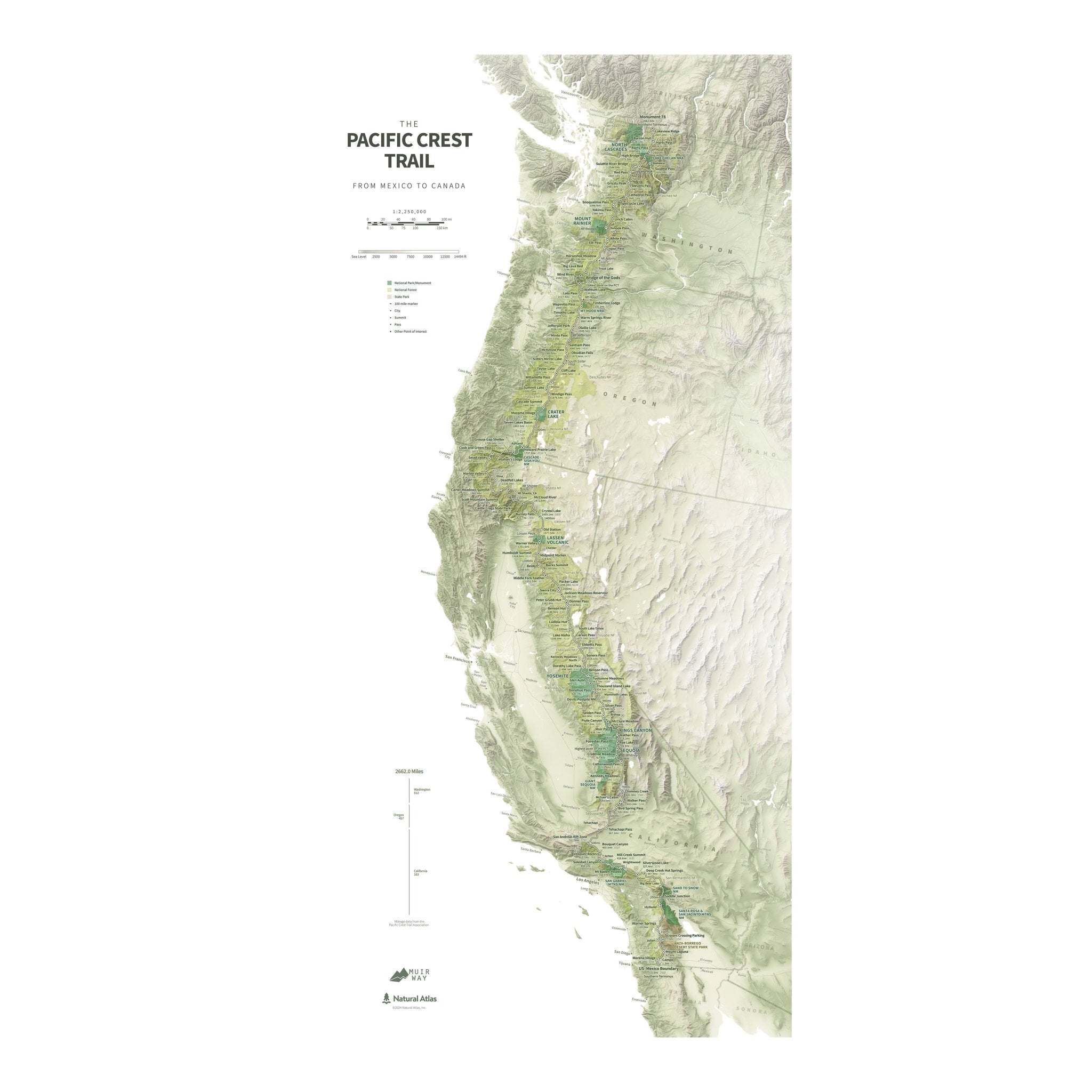 Pacific Crest Trail Shaded Relief Map - Muir Way - Natural Atlas