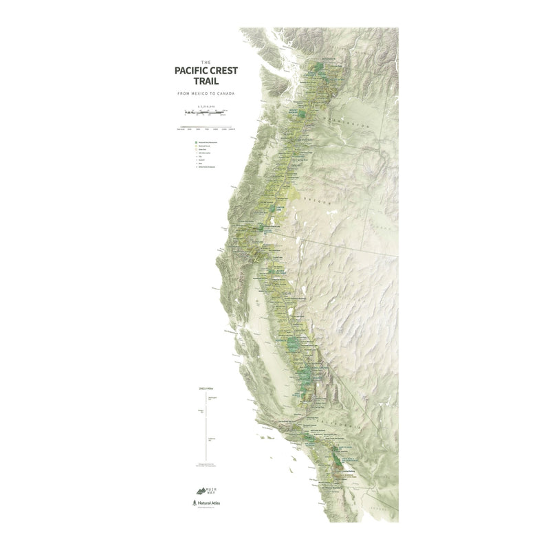 Pacific Crest Trail Shaded Relief Map - Muir Way - Natural Atlas