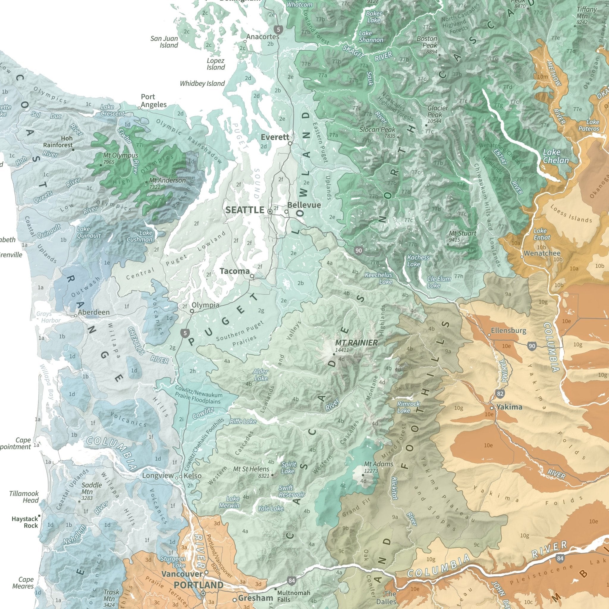 Pacific Northwest Ecoregions Shaded Relief Map - Muir Way - Natural Atlas