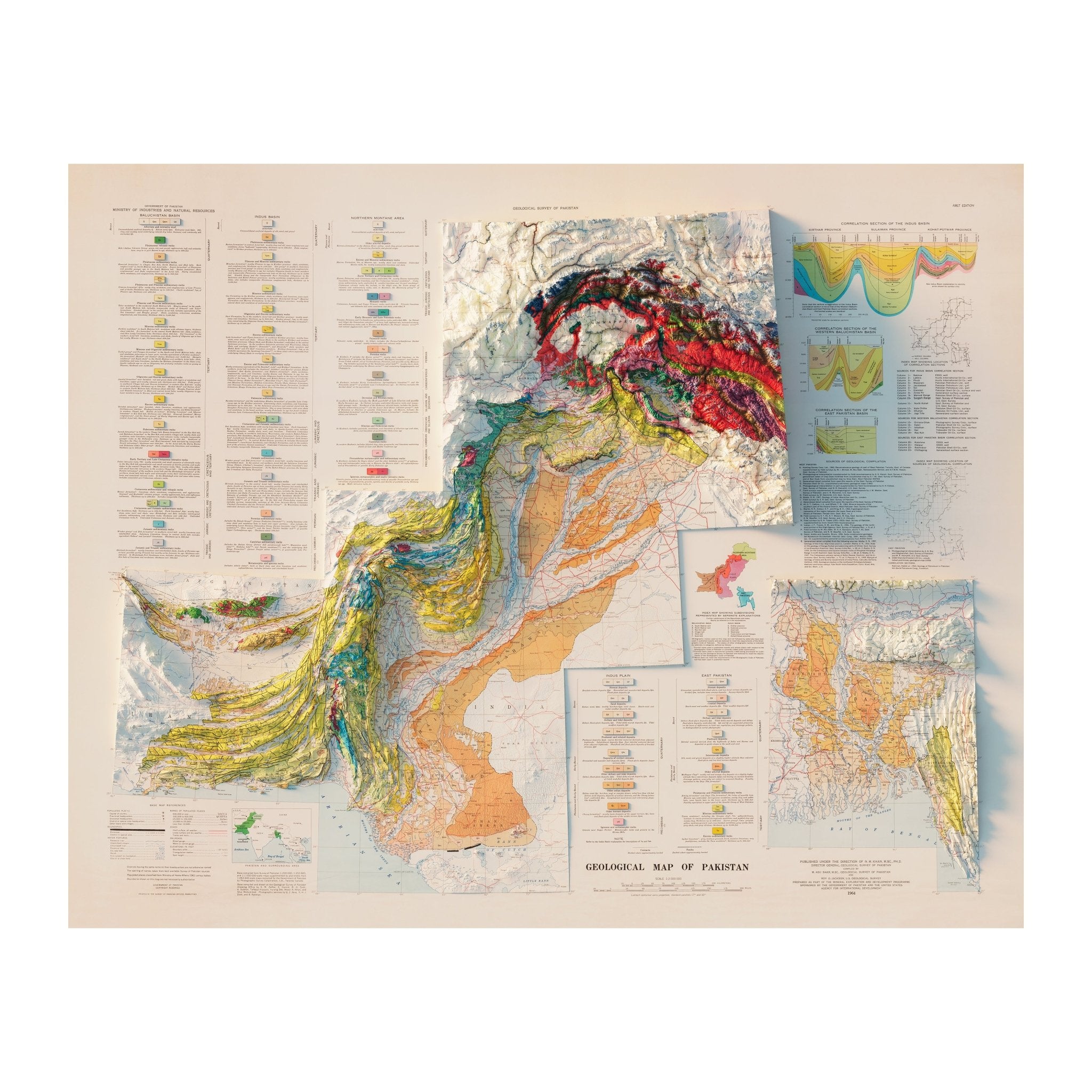 Pakistan 1964 Shaded Relief Map - Muir Way - Vintage Relief