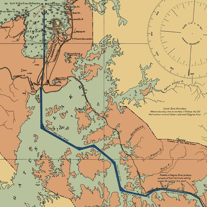 Panama Canal and Approaches Nautical Chart 1923 - Muir Way - Vintage Map