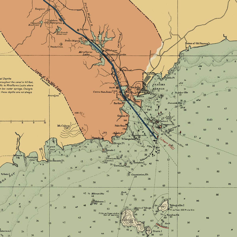 Panama Canal and Approaches Nautical Chart 1923 - Muir Way - Vintage Map
