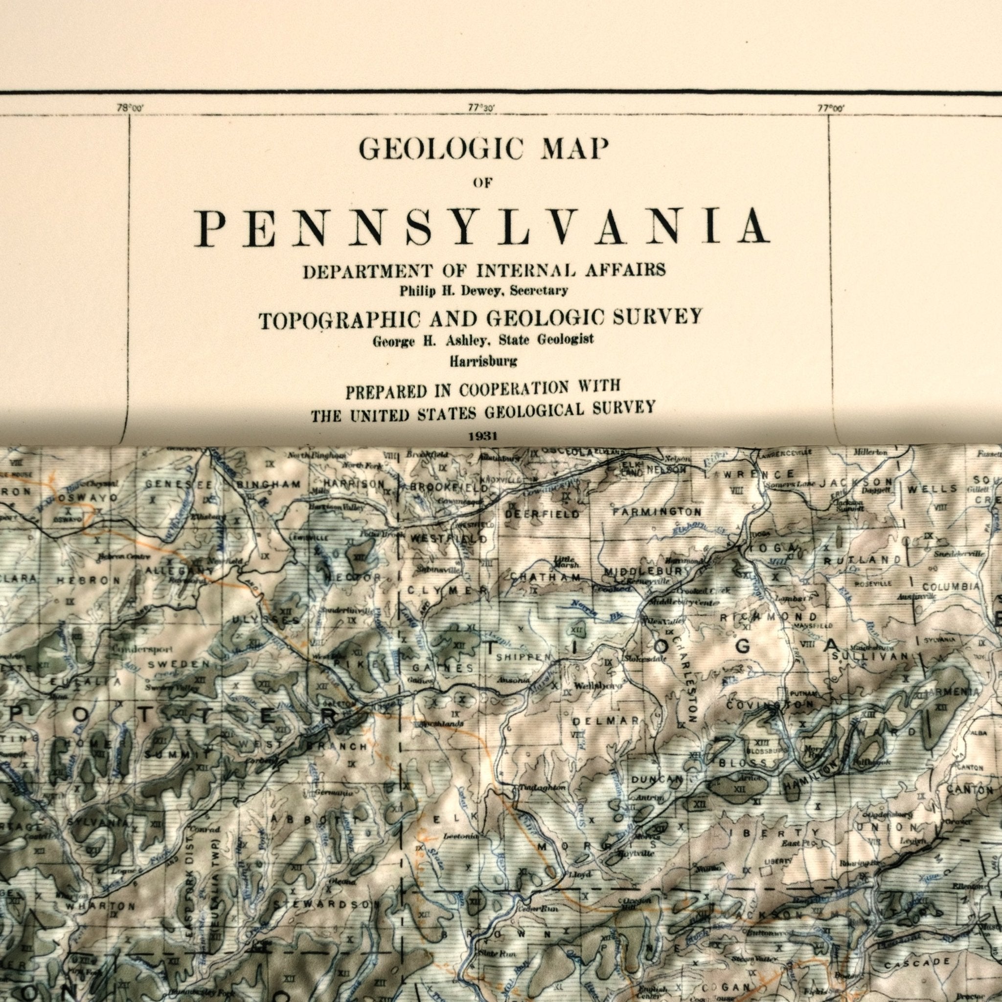 Pennsylvania 1931 3D Raised Relief Map - Muir Way - 3D