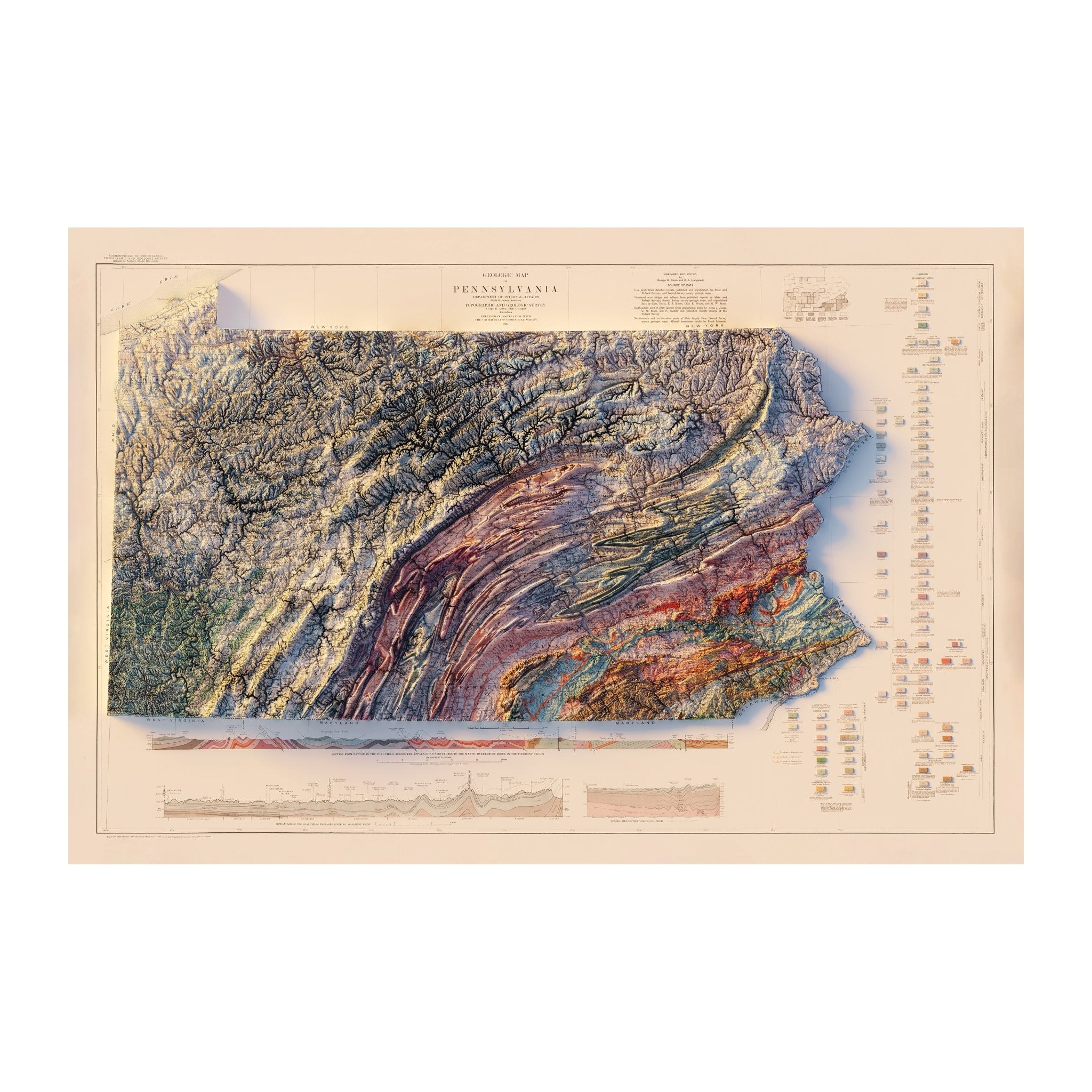Pennsylvania 1931 Shaded Relief Map - Muir Way - Vintage Relief