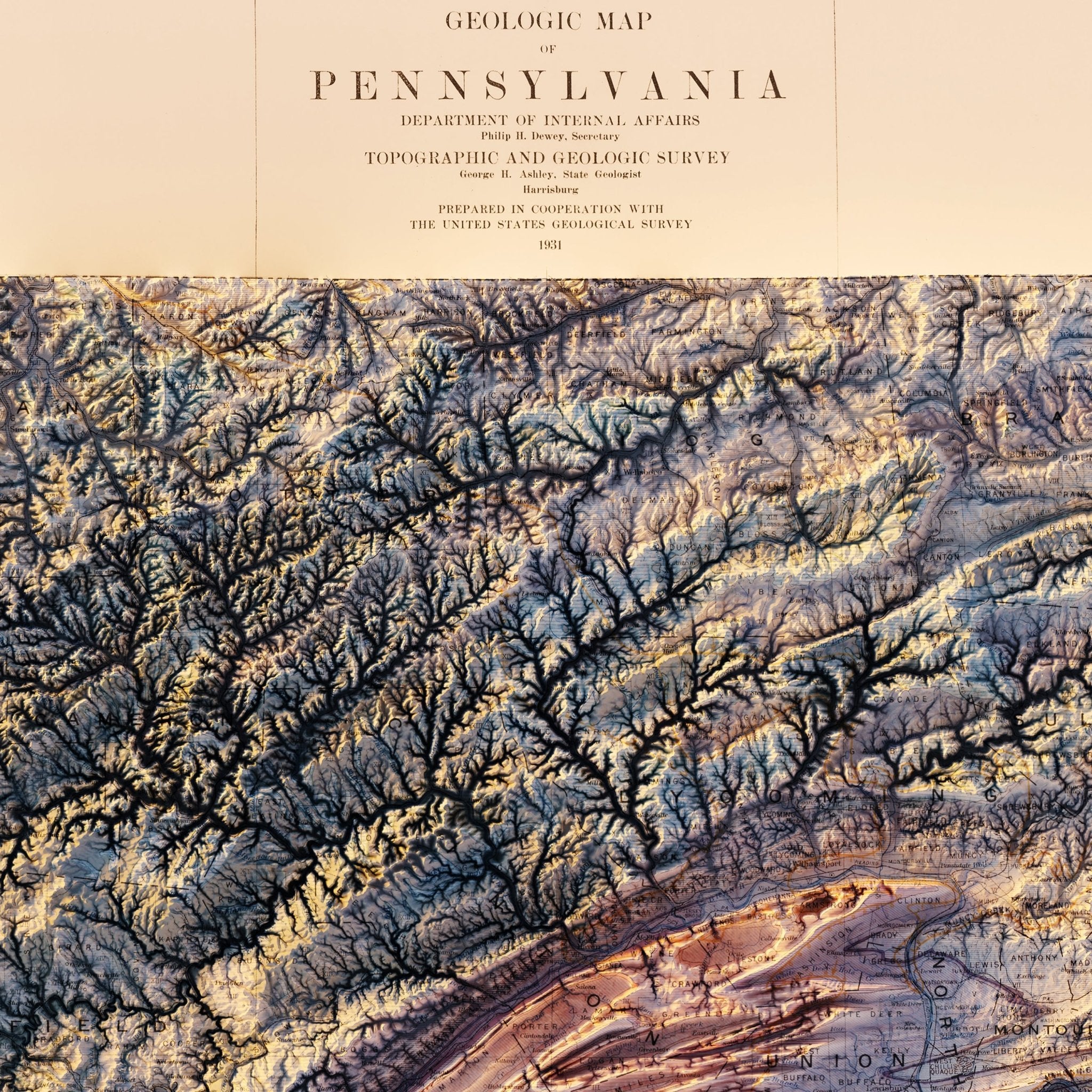 Pennsylvania 1931 Shaded Relief Map - Muir Way - Vintage Relief