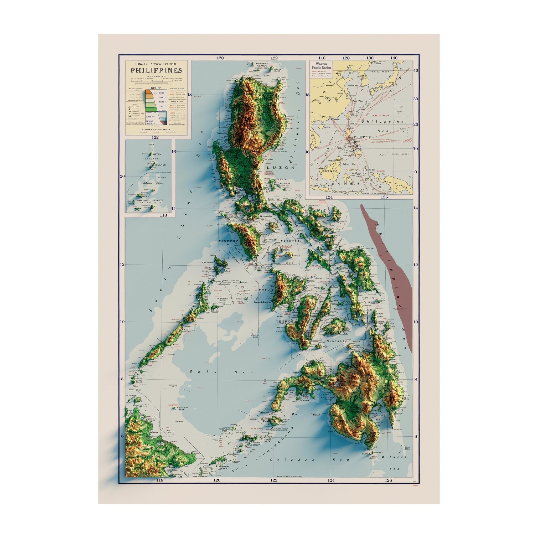 Philippines 1952 Shaded Relief Map - Muir Way - Vintage Relief
