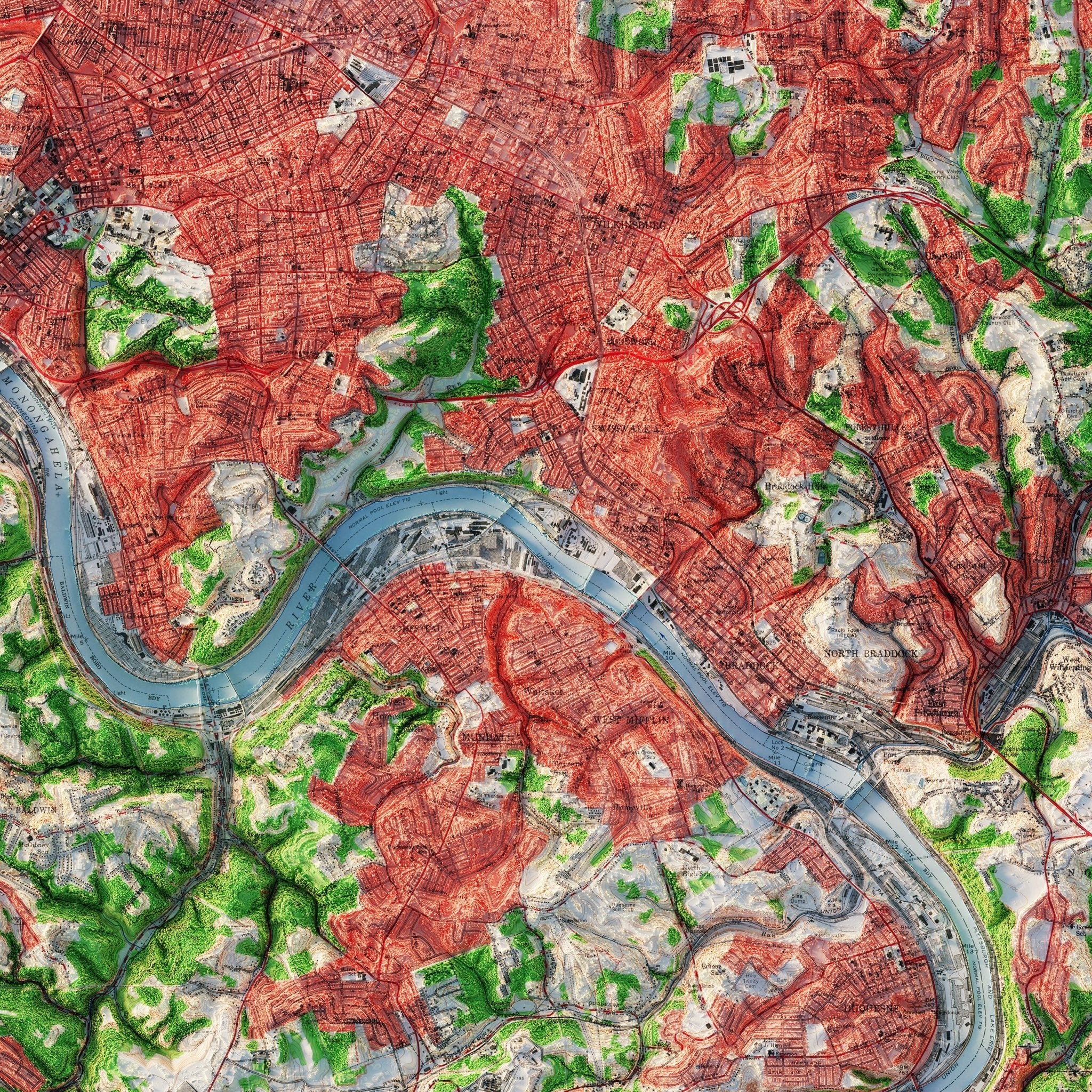 Pittsburgh, Pennsylvania 1960 Shaded Relief Map - Muir Way - Vintage Relief