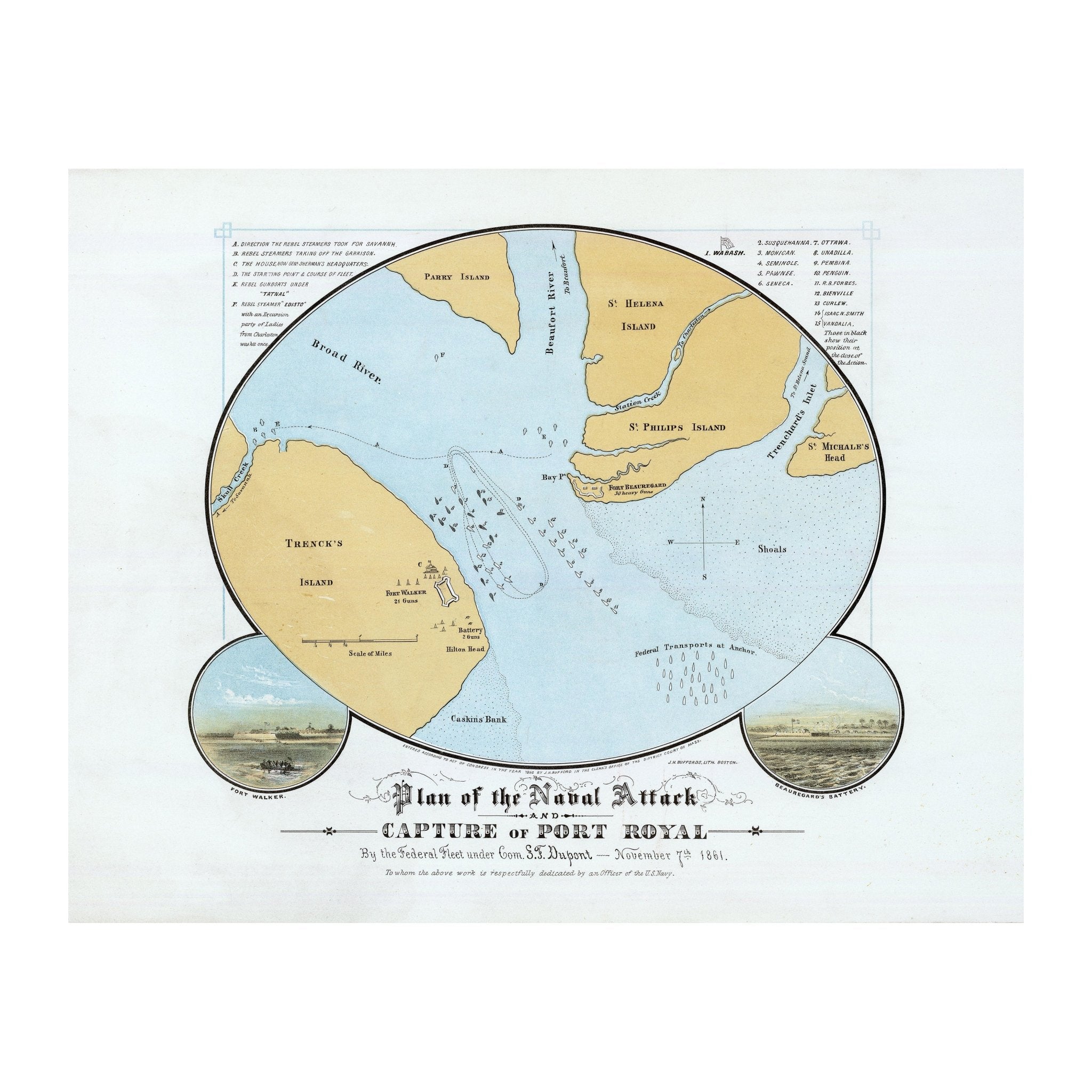 Plan of the Naval Attack and Capture of Port Royal - Muir Way - Vintage Map