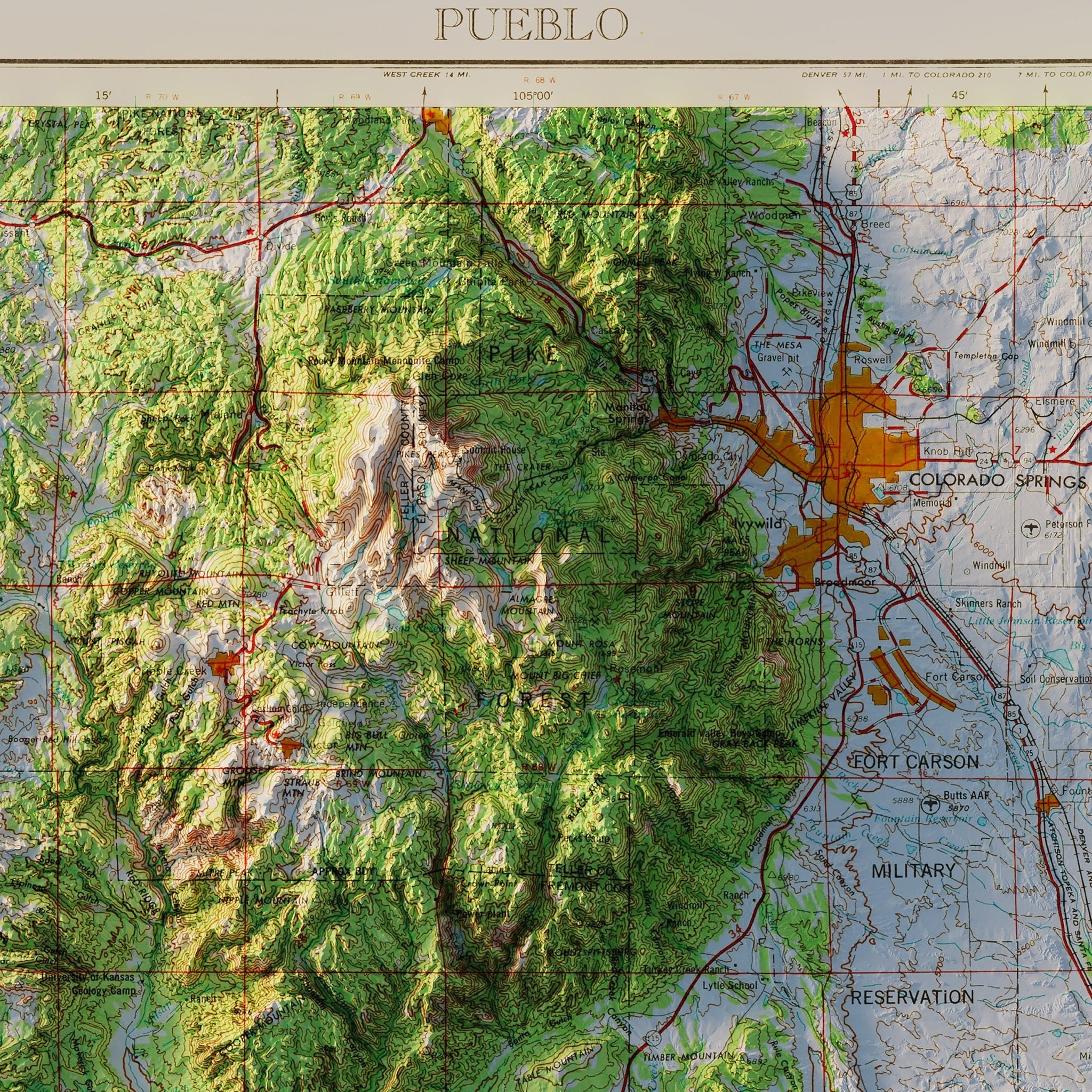 Colorado Springs, CO 1954 Shaded Relief Map - Muir Way - Vintage Relief